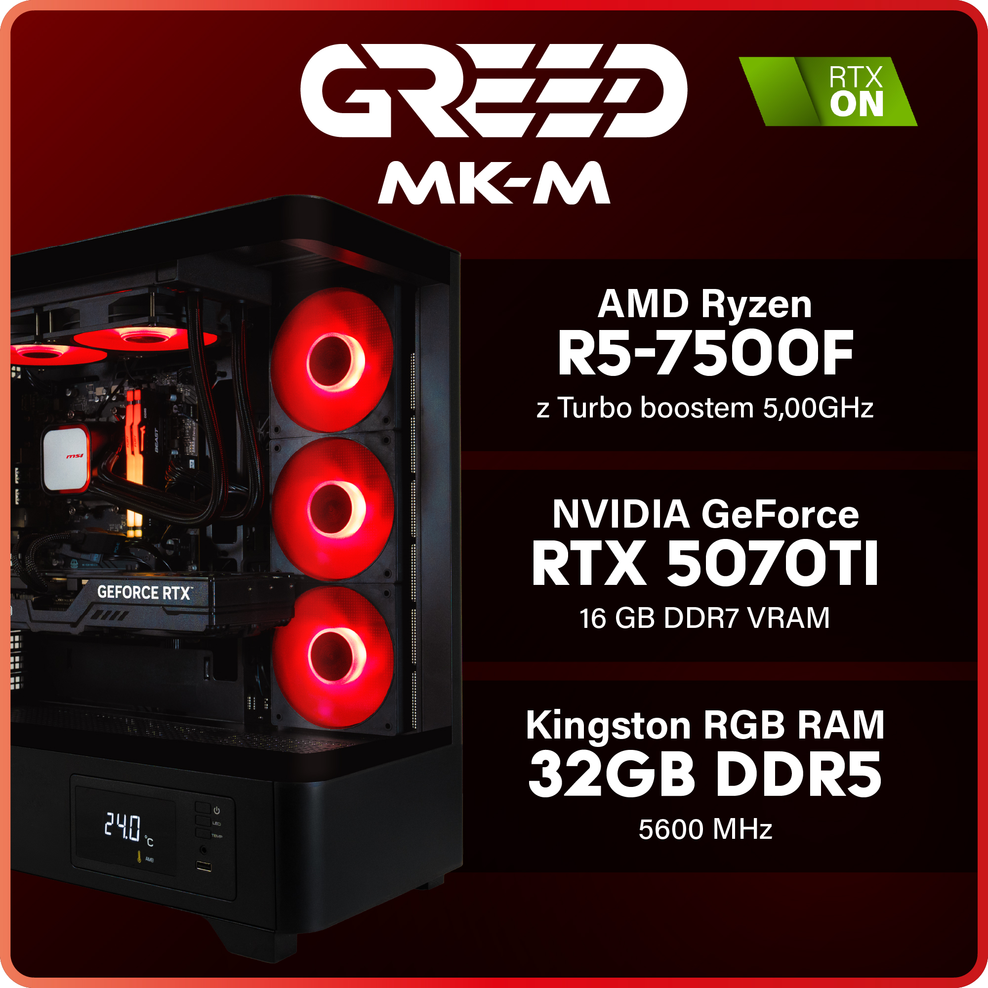 Obudowa komputera z czerwonymi wentylatorami. Specyfikacje obejmują AMD Ryzen, NVIDIA GeForce RTX i Kingston RGB RAM.