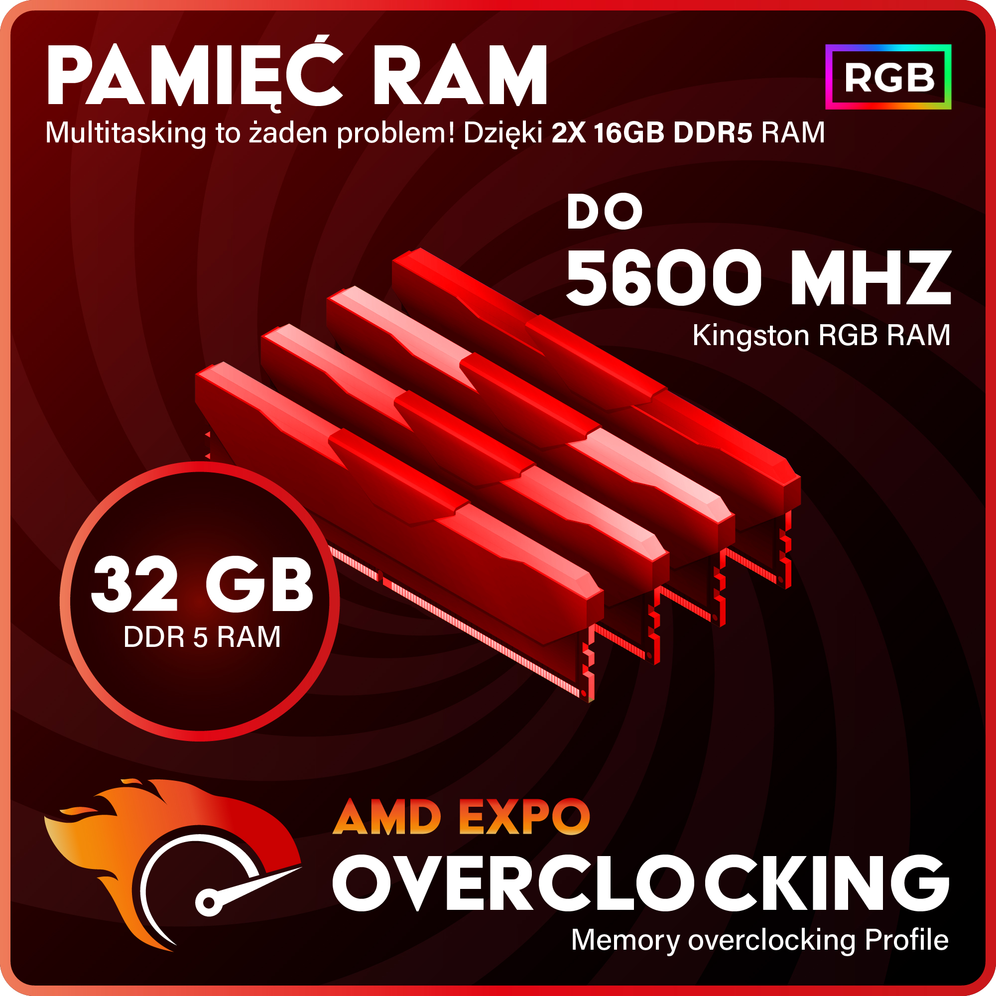 Obraz przedstawia moduły RAM. Tekst zawiera '32 GB DDR5 RAM', '5600 MHz' i 'AMD EXPO OVERCLOCKING'.