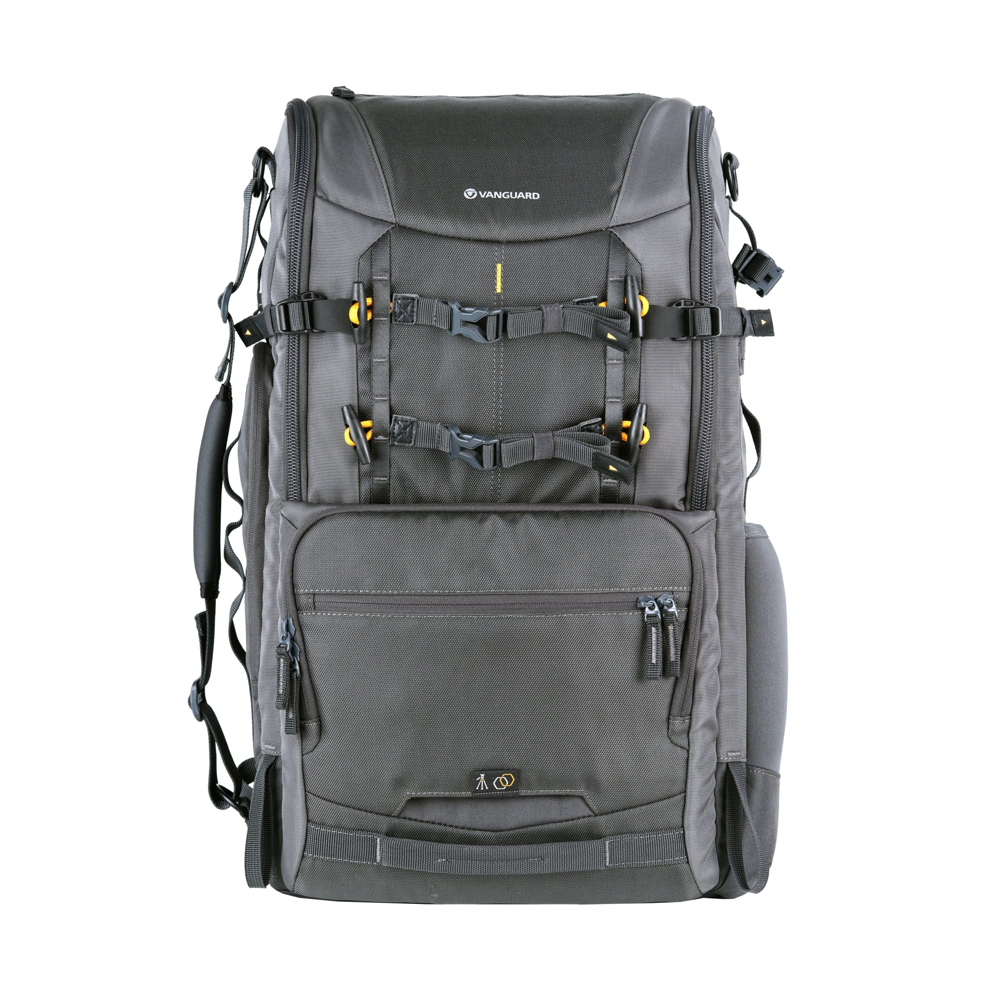 Mochila Vanguard gris sobre fondo blanco. Tiene varias correas, cremalleras y hebillas.