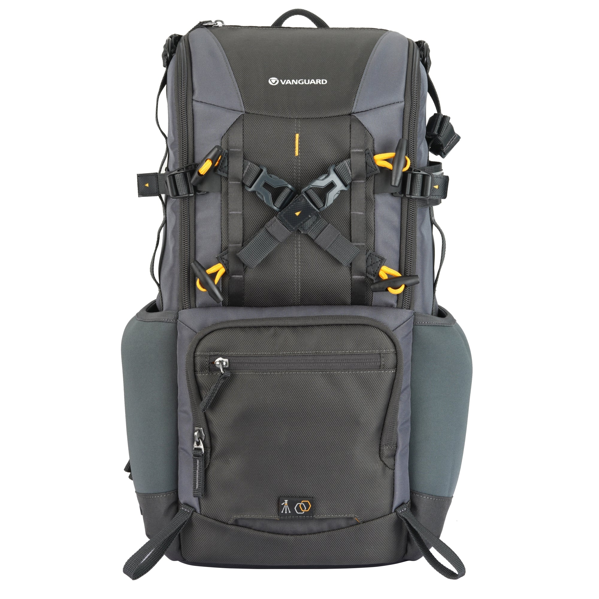 Ein grauer und schwarzer Vanguard-Kamera-Rucksack. Er hat mehrere Gurte, Schnallen und ein Vanguard-Logo. Der Hintergrund ist weiß.