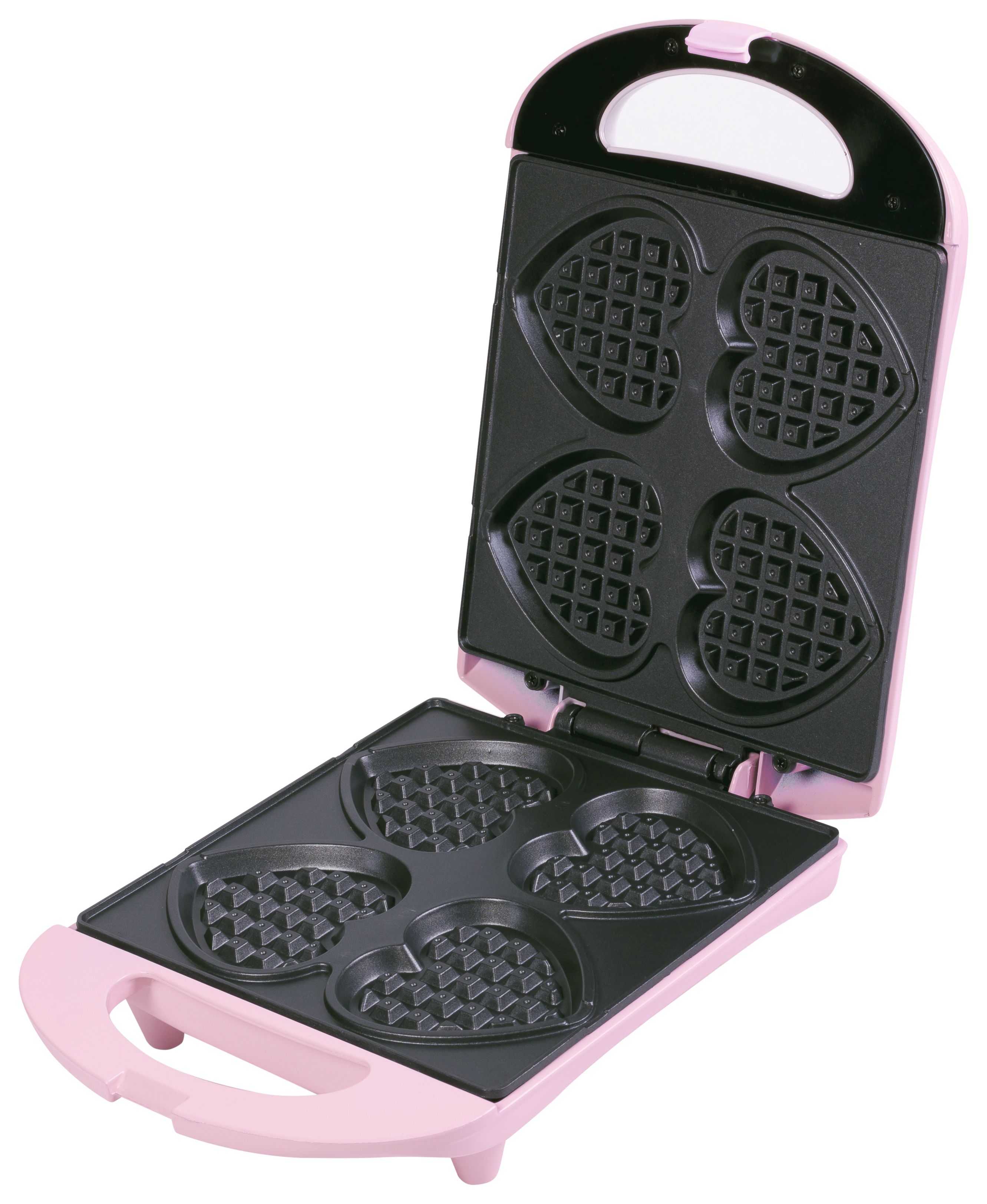 Różowa gofrownica w kształcie serca, otwarta. Czarne wnętrze, różowy uchwyt i rama. Białe tło.