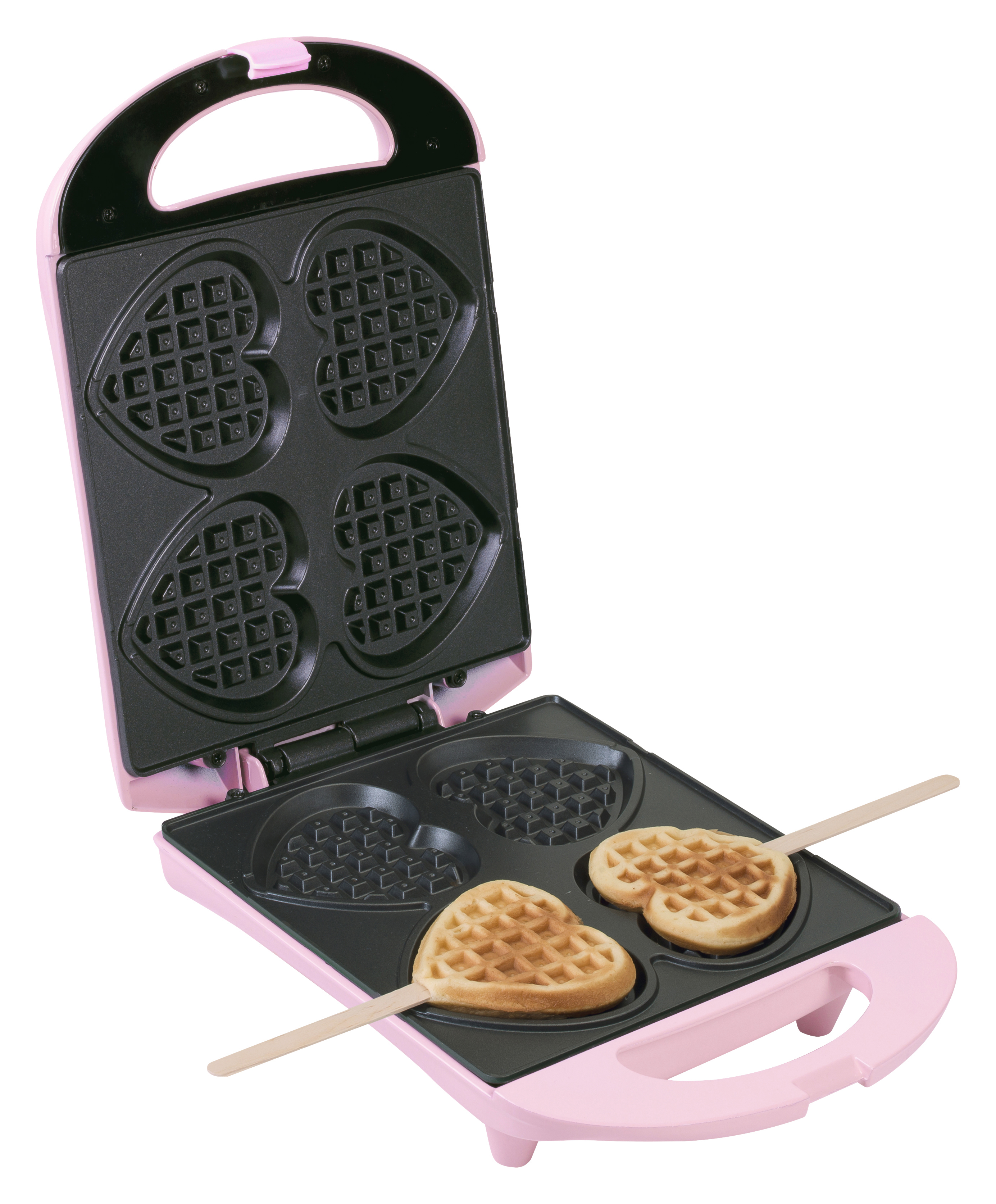 Różowa gofrownica w kształcie serca z dwoma goframi na patyku. Górna część jest otwarta.