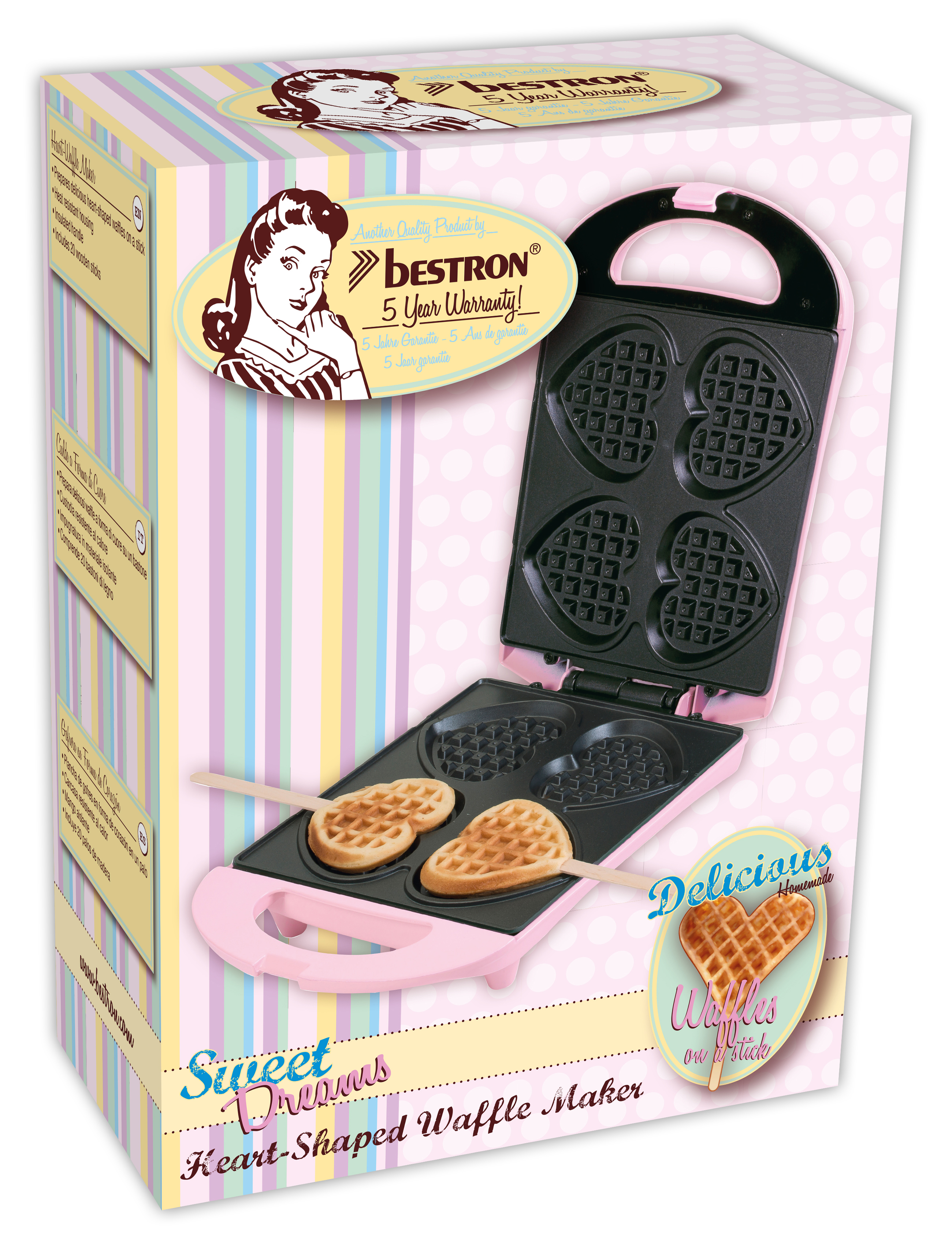 Różowa gofrownica w kształcie serca z goframi na patyku. Pudełko ma retro design.