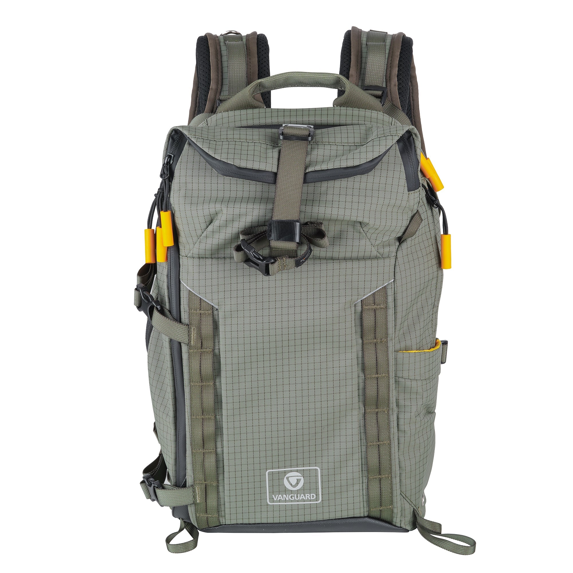 Ein grüner Rucksack mit Gittermuster, schwarzen Akzenten, gelben Details und dem Vanguard-Logo.