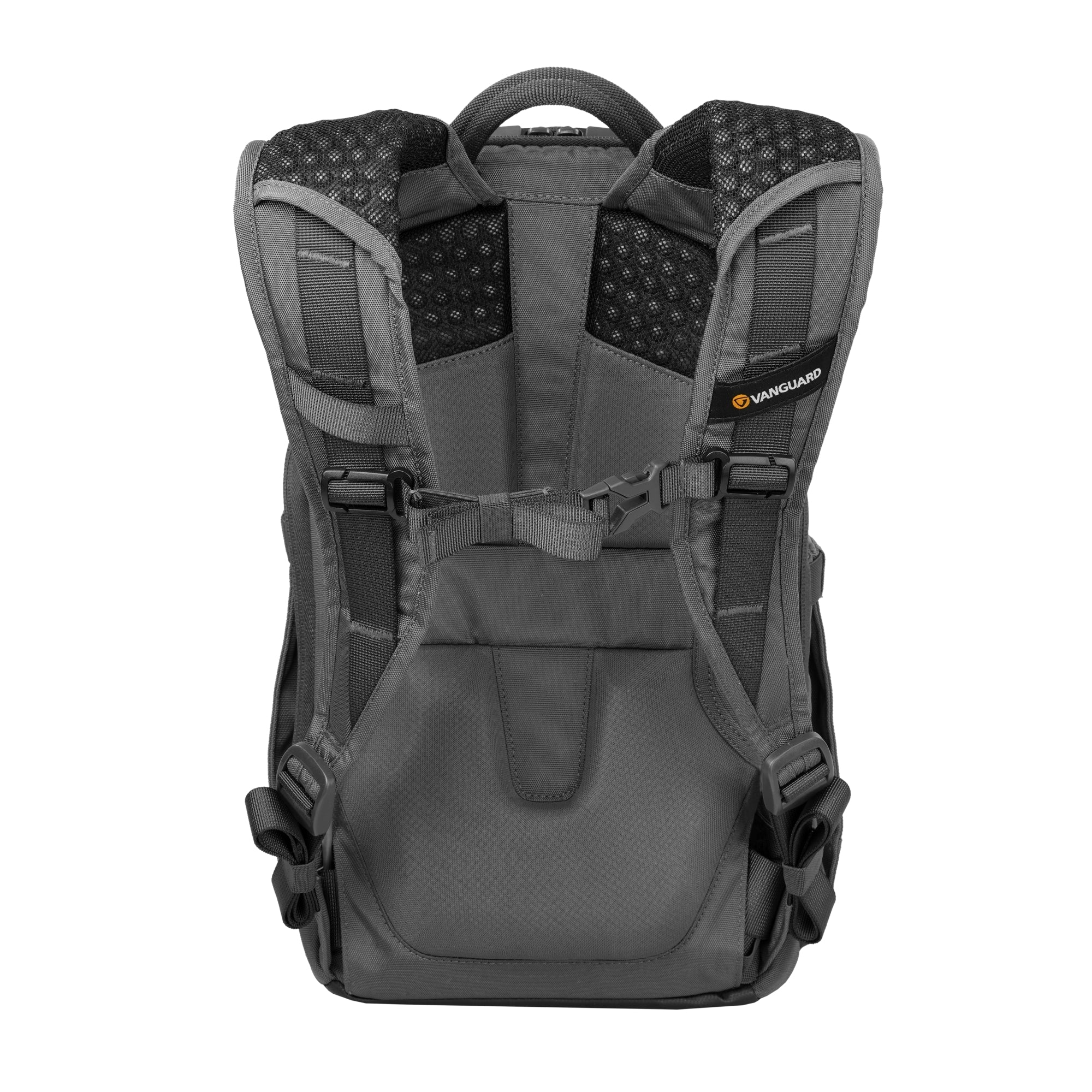 Vista trasera de una mochila gris. Tiene correas acolchadas, un asa y múltiples correas con hebillas. El logotipo de Vanguard es visible.