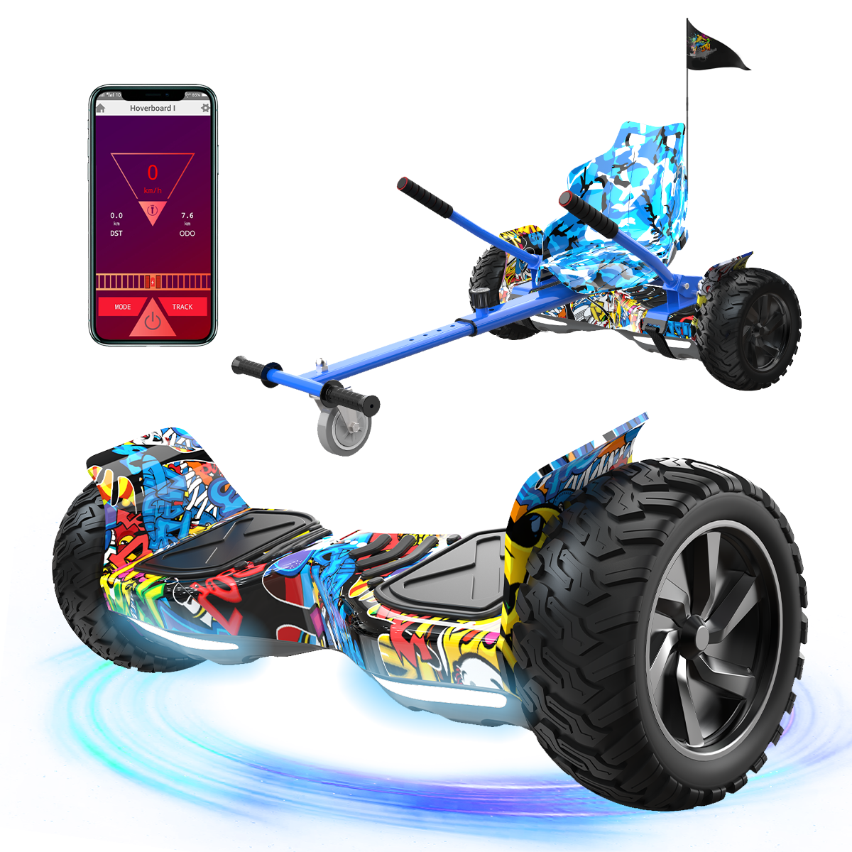 Ein Hoverboard mit Graffiti-Kunst, ein Go-Kart-Aufsatz und ein Telefonbildschirm, der die Geschwindigkeit anzeigt. Der Hintergrund ist weiß mit blauen Wirbeln.