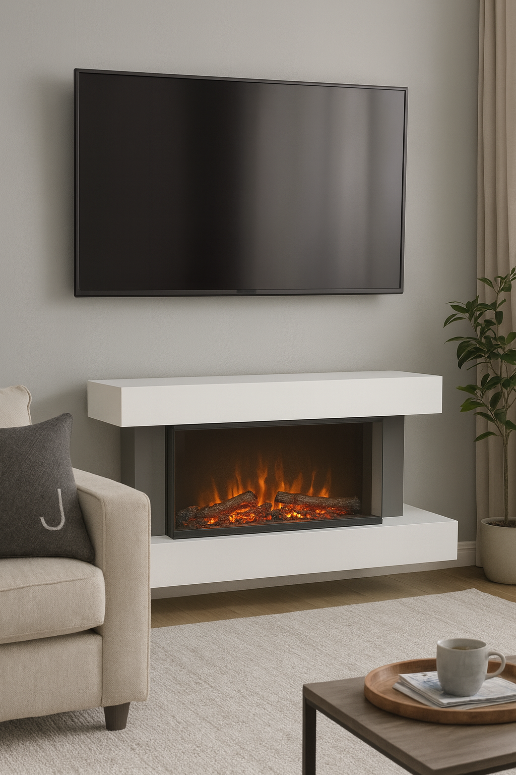 Salón con chimenea, TV y sofá. La chimenea tiene un efecto de llama. También se ven una planta y una mesa de centro.