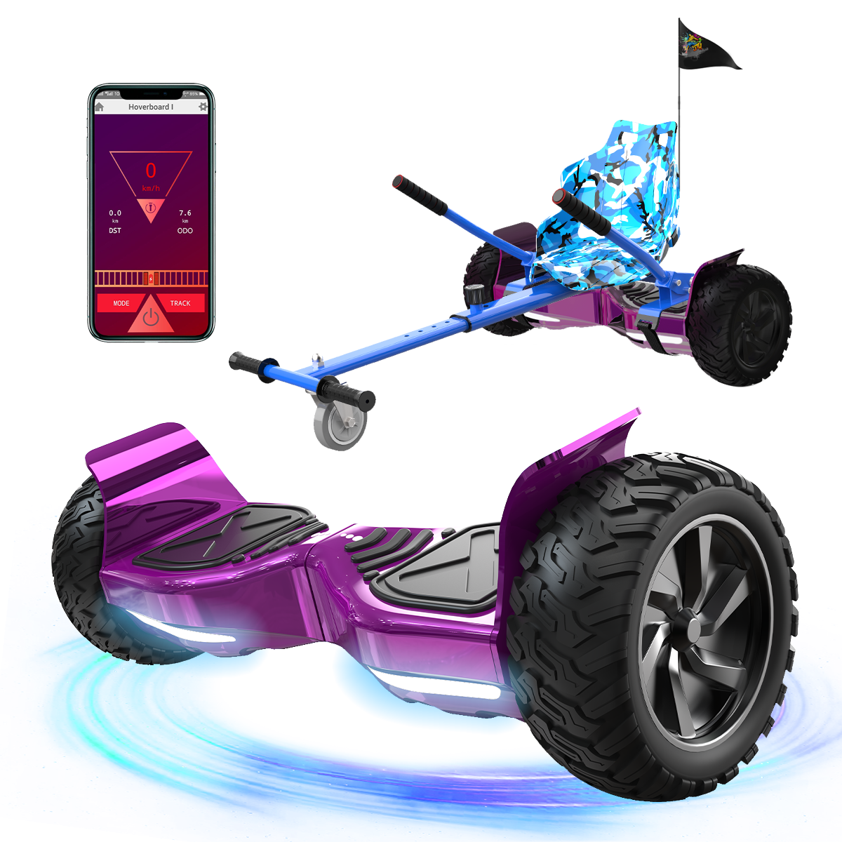 Ein lila Hoverboard mit schwarzen Reifen, ein blaues und Tarn-Hoverboard und ein Telefon, das Geschwindigkeitsinformationen anzeigt.