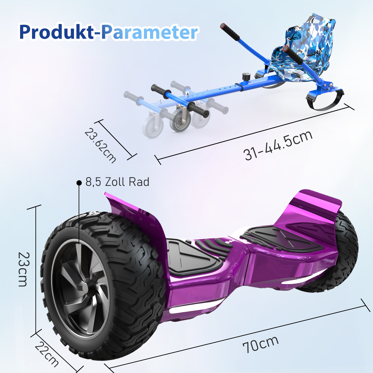 Obraz przedstawia hoverboard i przystawkę do gokarta. Hoverboard jest fioletowy, gokart niebieski.