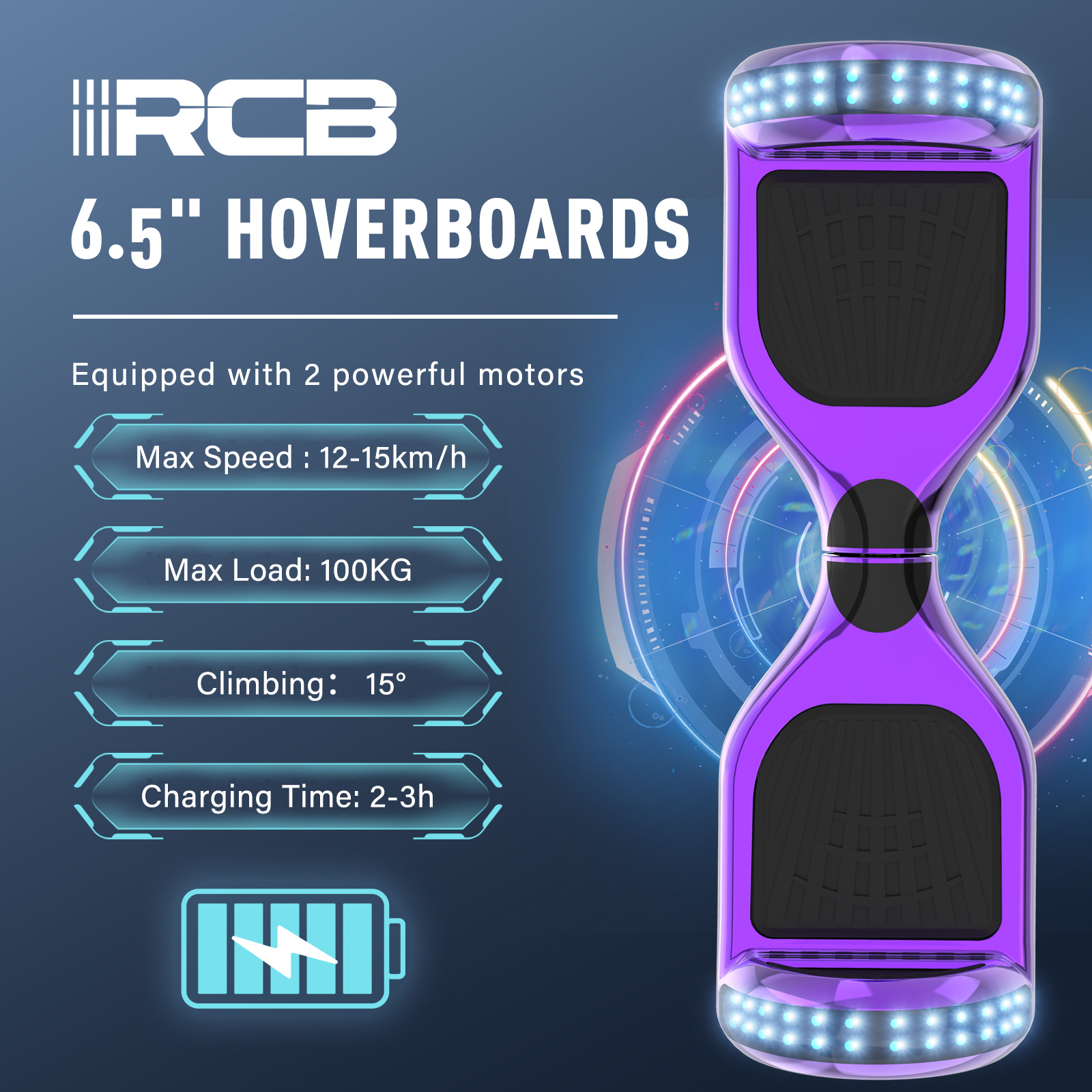 Ein lila Hoverboard mit schwarzen Fußpolstern. Spezifikationen: Max. Geschwindigkeit 12-15 km/h, max. Belastung 100 kg, Steigung 15°, Ladezeit 2-3 h.