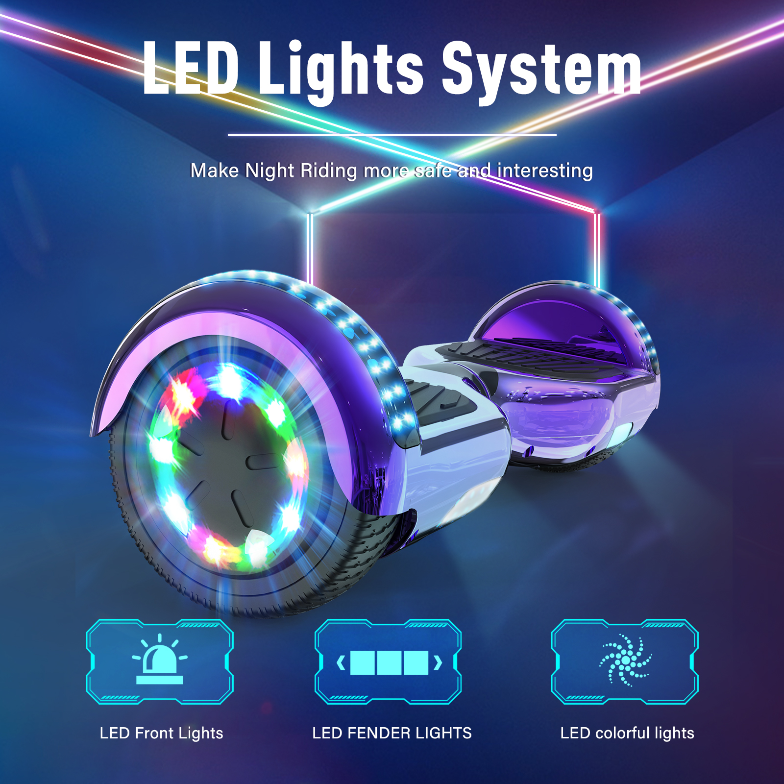 Ein Hoverboard mit LED-Leuchten. Das Bild zeigt das Hoverboard mit Text, LED-Frontlichtern, LED-Kotflügel-Leuchten und LED-farbenfrohen Lichtern.