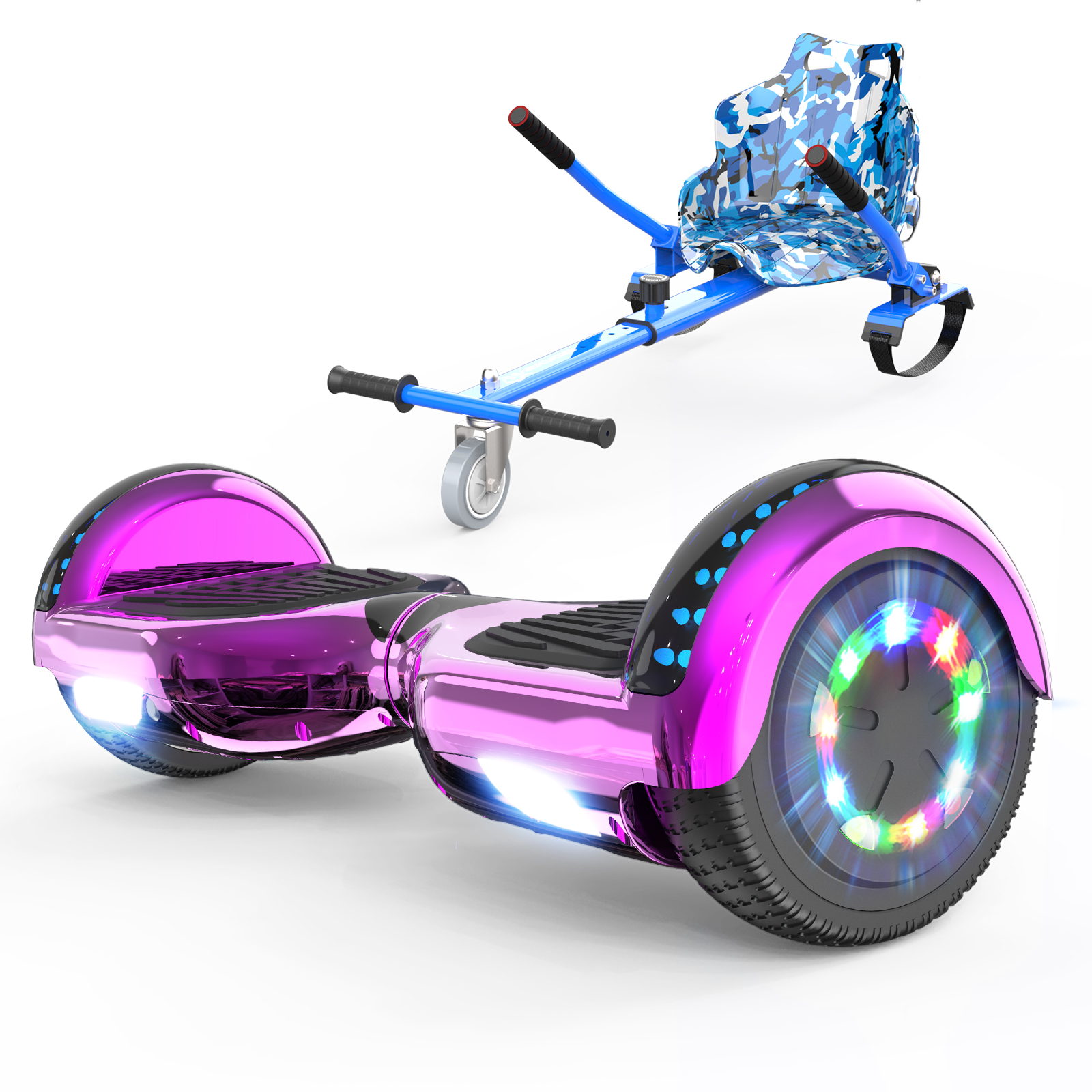 Un hoverboard con acabado metálico rosa y un hoverkart azul. El hoverboard tiene luces de colores. El hoverkart tiene un asiento de camuflaje.