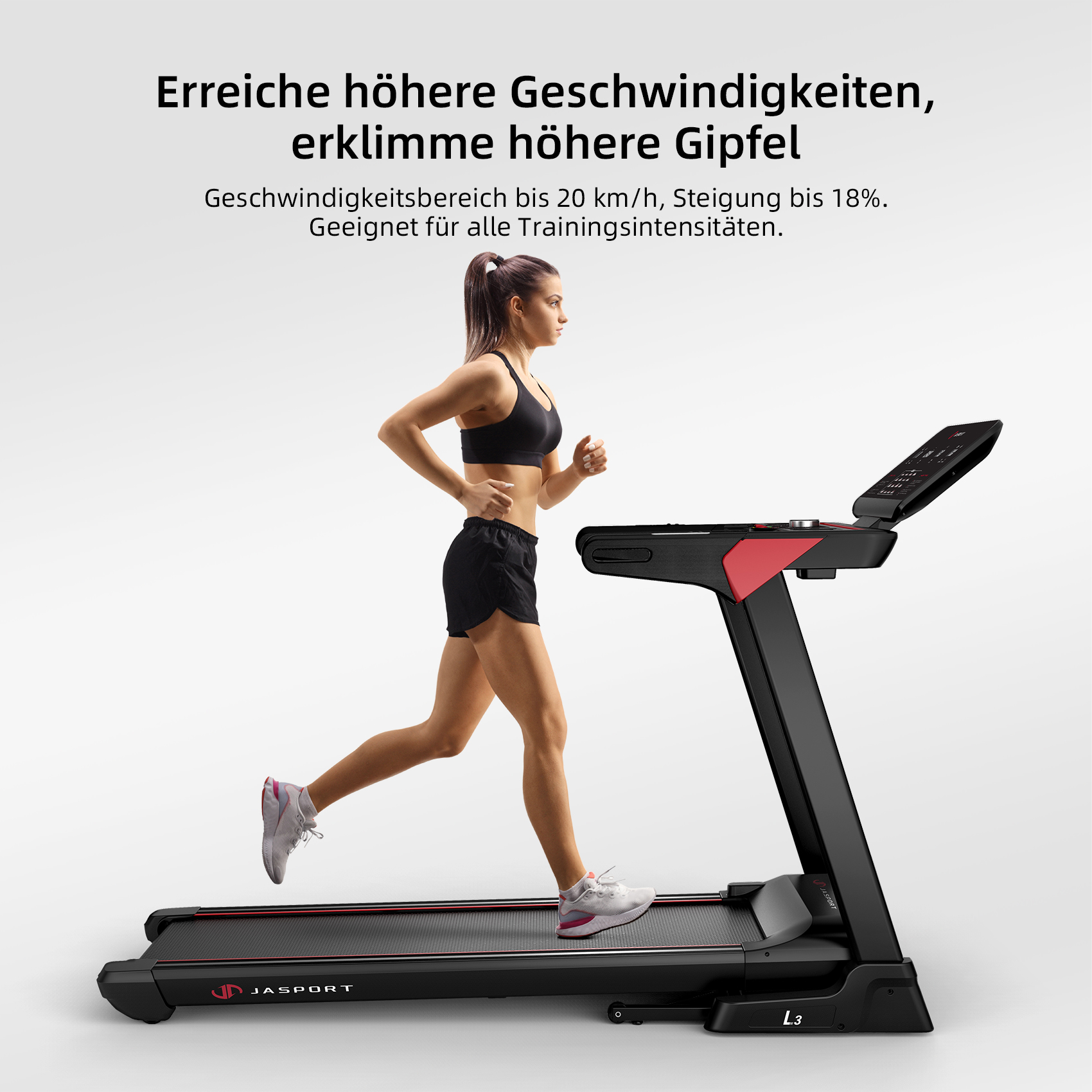 Eine Frau läuft auf einem Laufband. Das Laufband ist schwarz mit roten Akzenten. Text ist auf Deutsch.