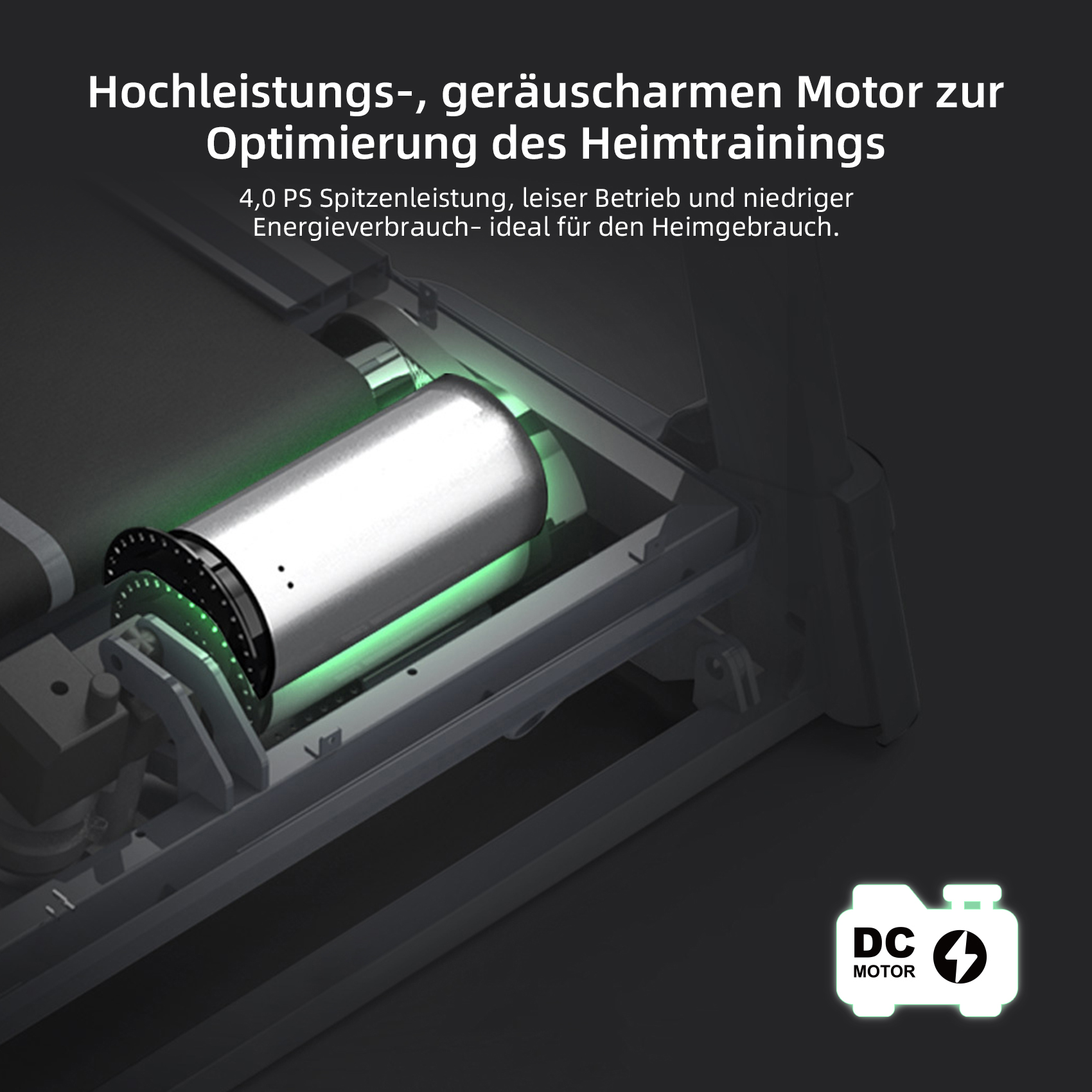 Ein Laufbandmotor mit grünem Licht, ein DC-Motor-Symbol und Text zur Heimtraining-Optimierung.