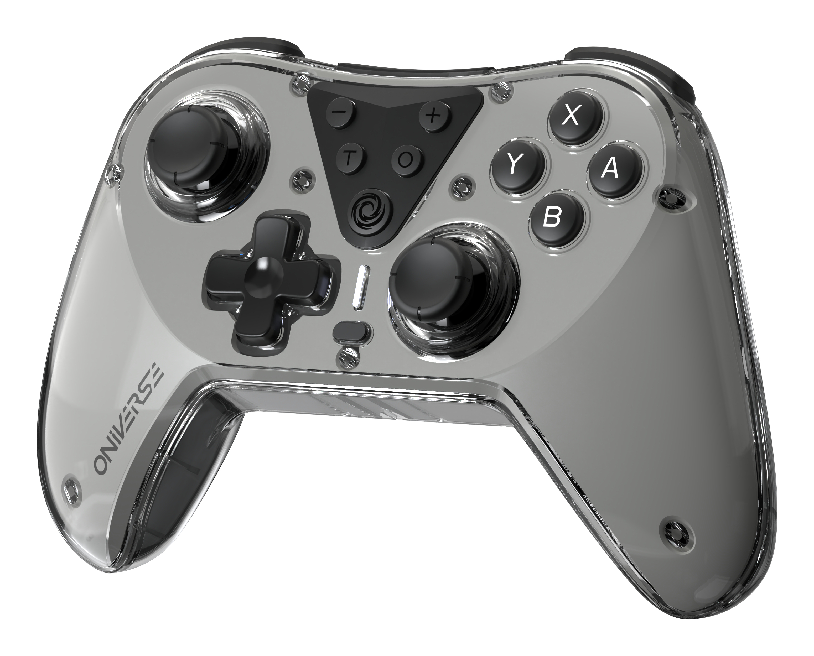 Przezroczysty szary kontroler do gier z czarnymi przyciskami i krzyżakiem. Widoczna jest nazwa marki.