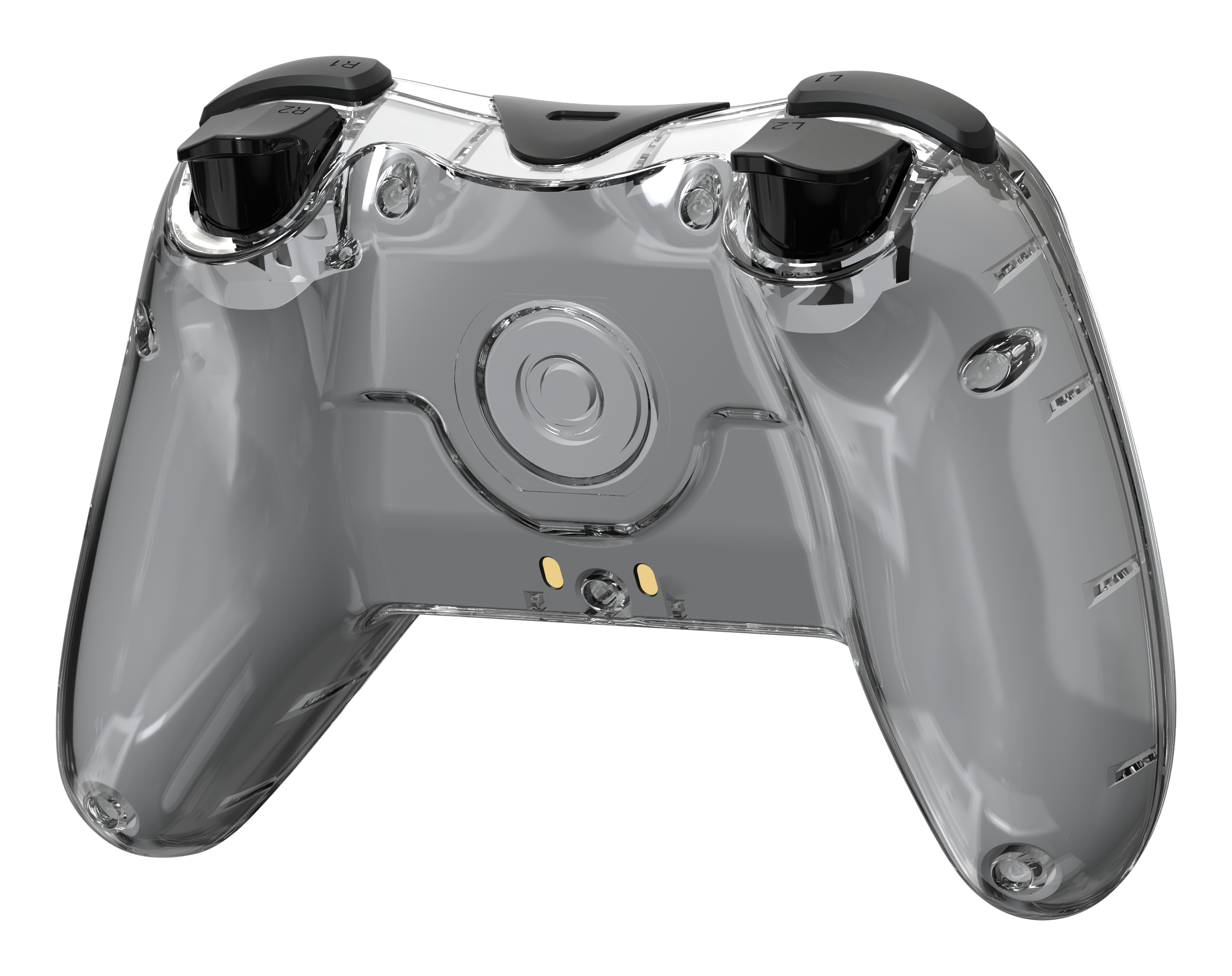 Przezroczysty, szary kontroler do gier. Czarne przyciski i triggery. Przezroczysty plastik pokazuje wewnętrzne elementy.
