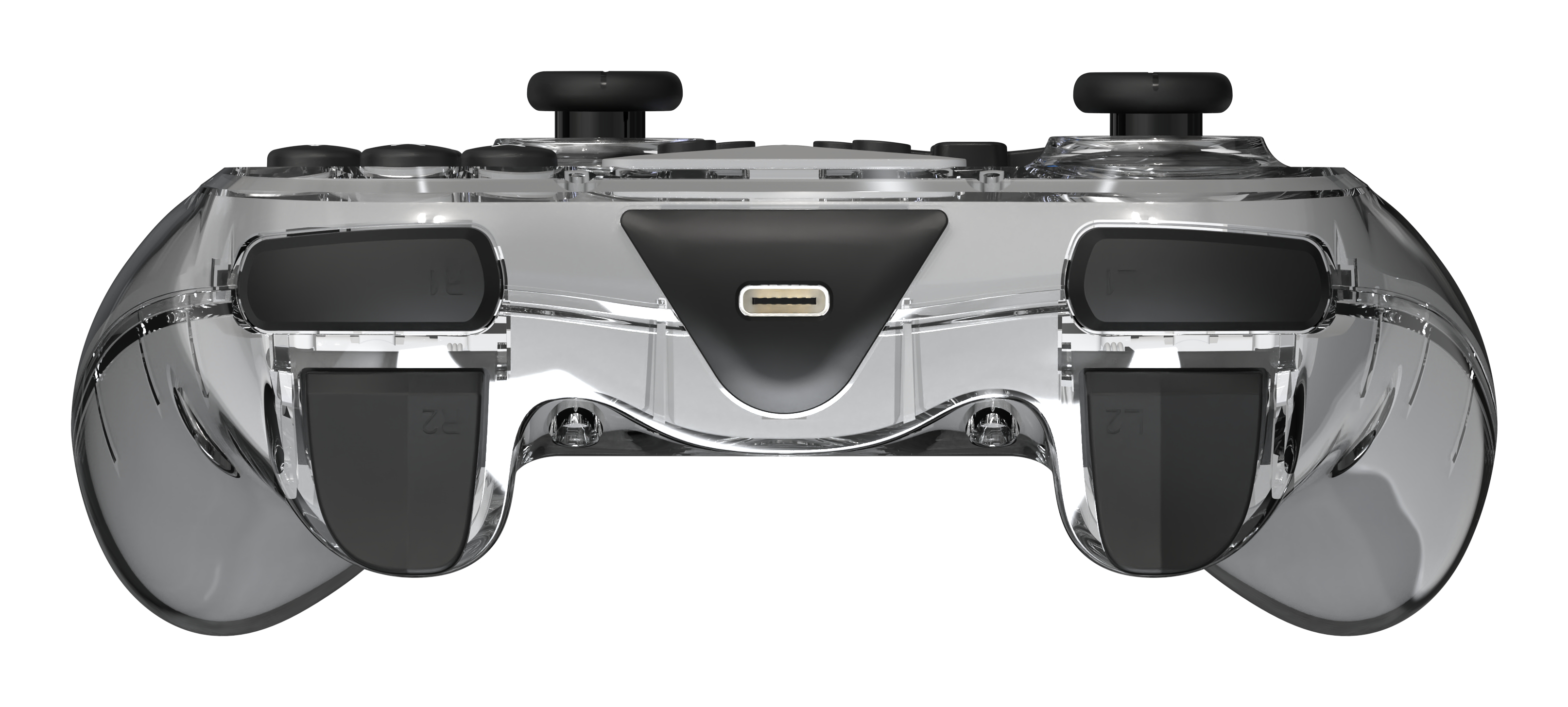 Przezroczysty kontroler do gier z czarnymi przyciskami i joystickami, portem USB, na białym tle. Kontroler jest wyśrodkowany.