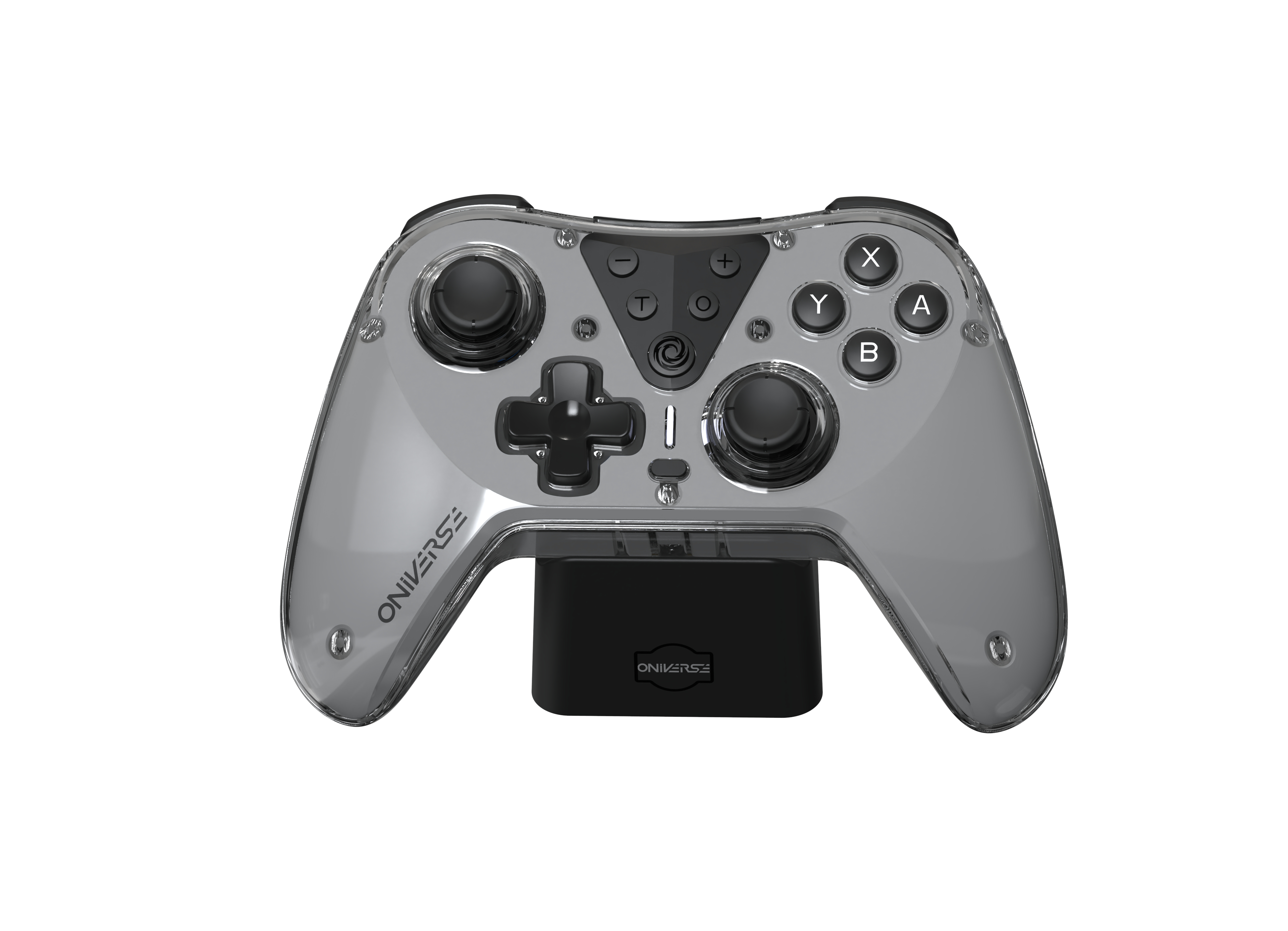 Szary kontroler do gier na czarnej podstawie. Posiada przyciski i gałki, z napisem 'ONIVERSE' z boku.