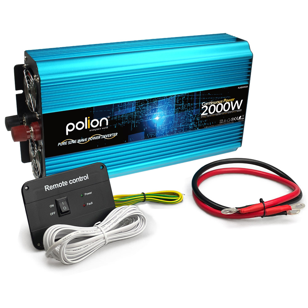 Niebieski falownik z pilotem, kablami i czarną skrzynką. Na falowniku napis 'polion' i '2000W'.