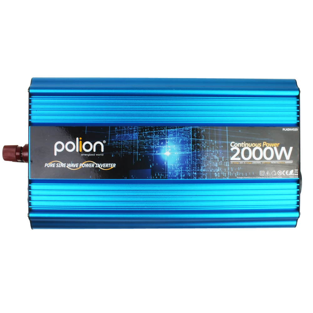 Niebieski falownik z marką 'polion' i '2000W Continuous Power'. Ma czerwone złącze.