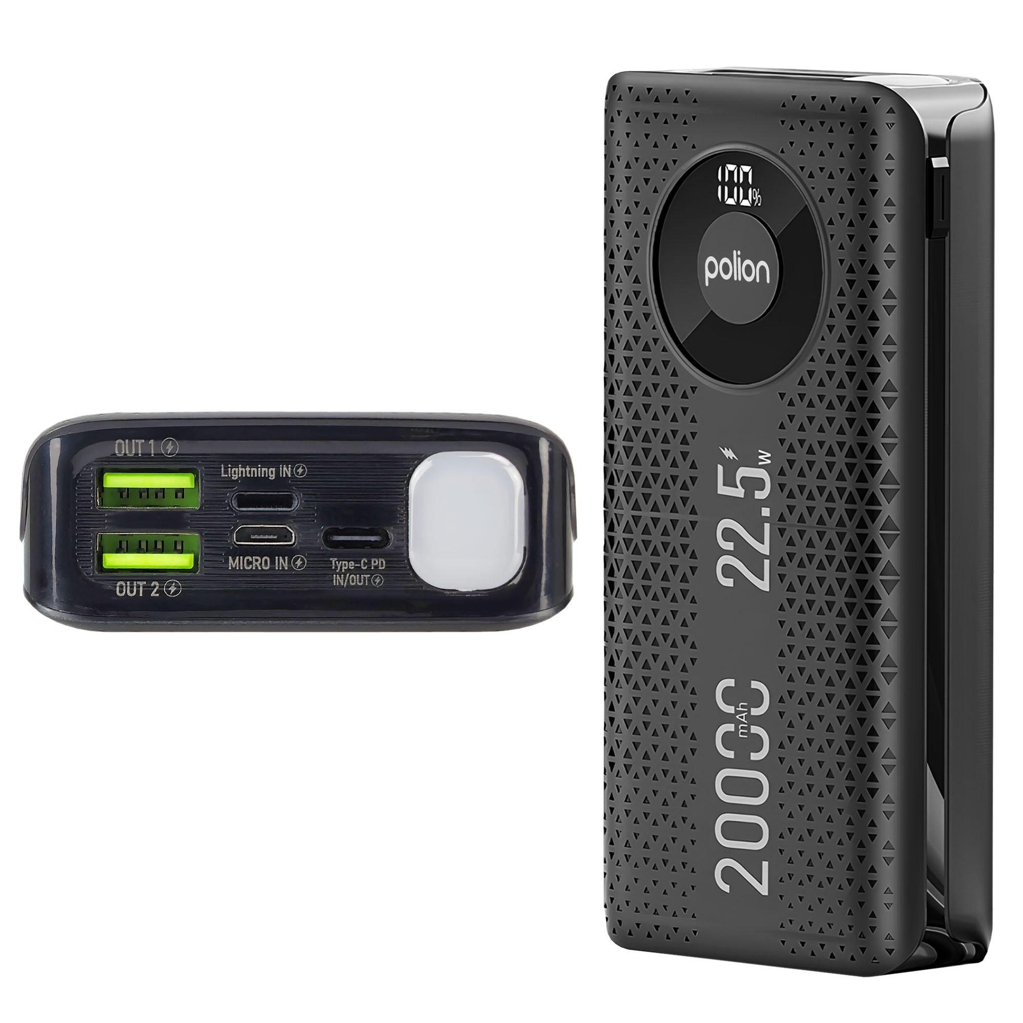 Czarny power bank z cyfrowym wyświetlaczem. Posiada wiele portów i latarkę.