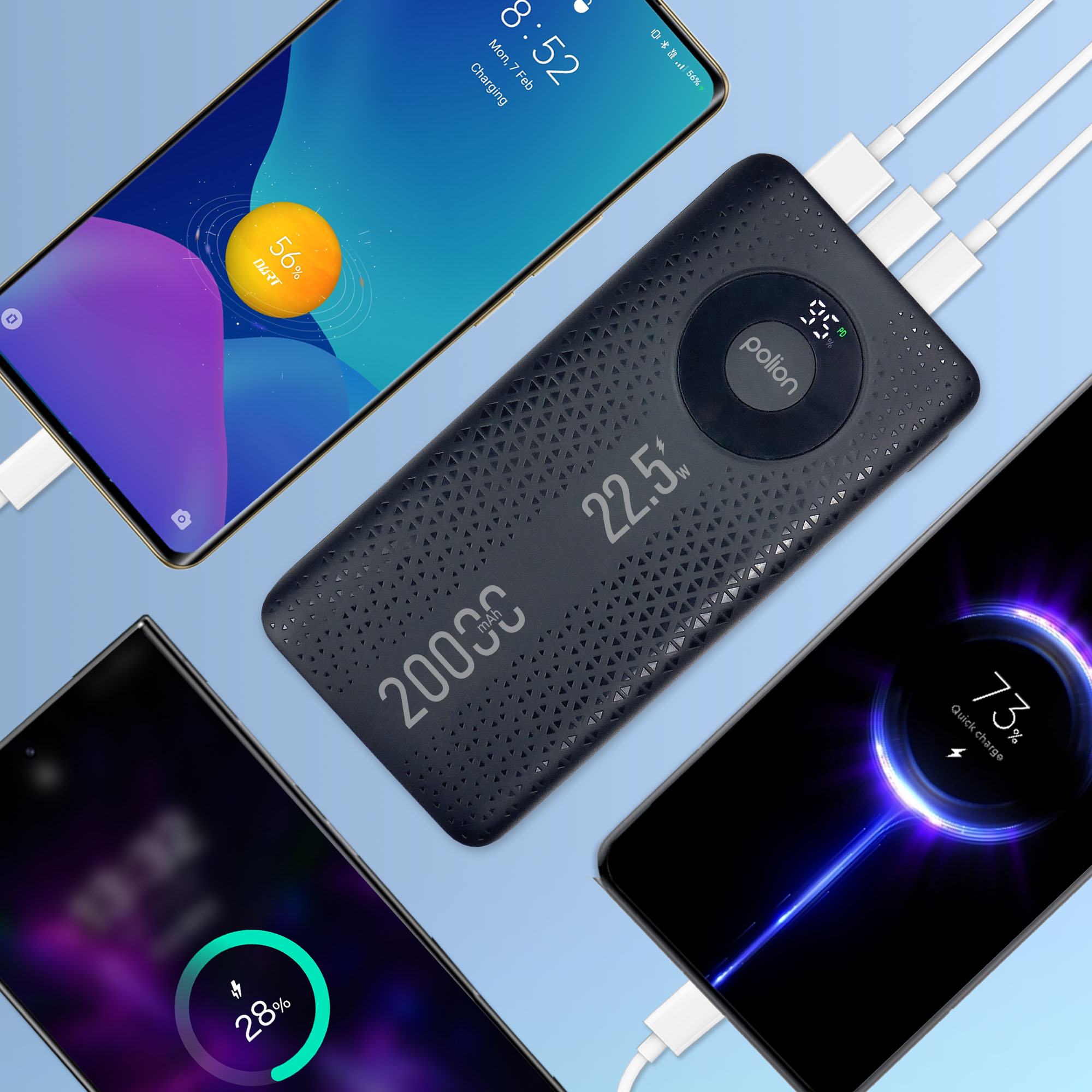 Telefony ładują się z power bankiem. Ekrany pokazują stan ładowania. Tło jest niebieskie.