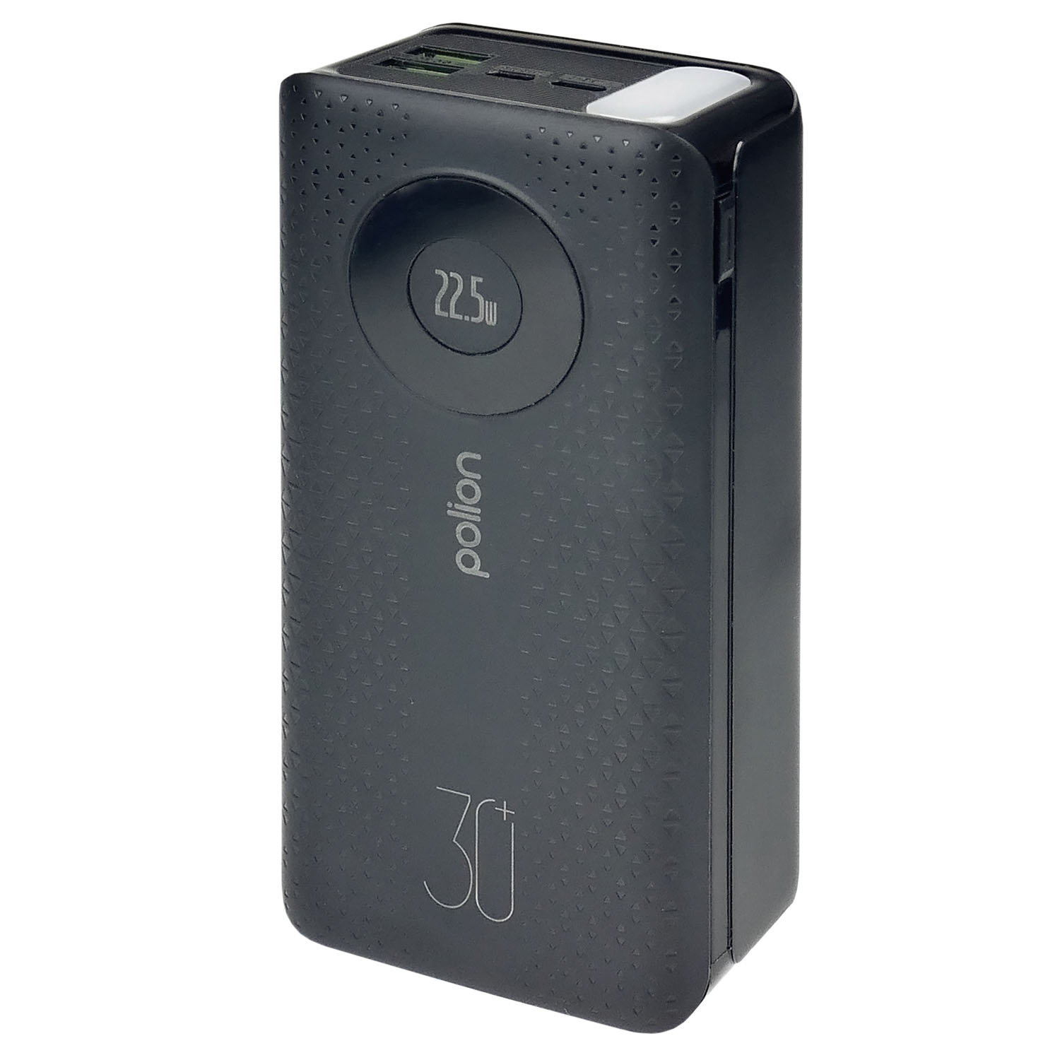 Czarny power bank z logo 'polion', wyświetlaczem 22,5W i oznaczeniem '30+'. Ma porty na górze i biały przycisk.