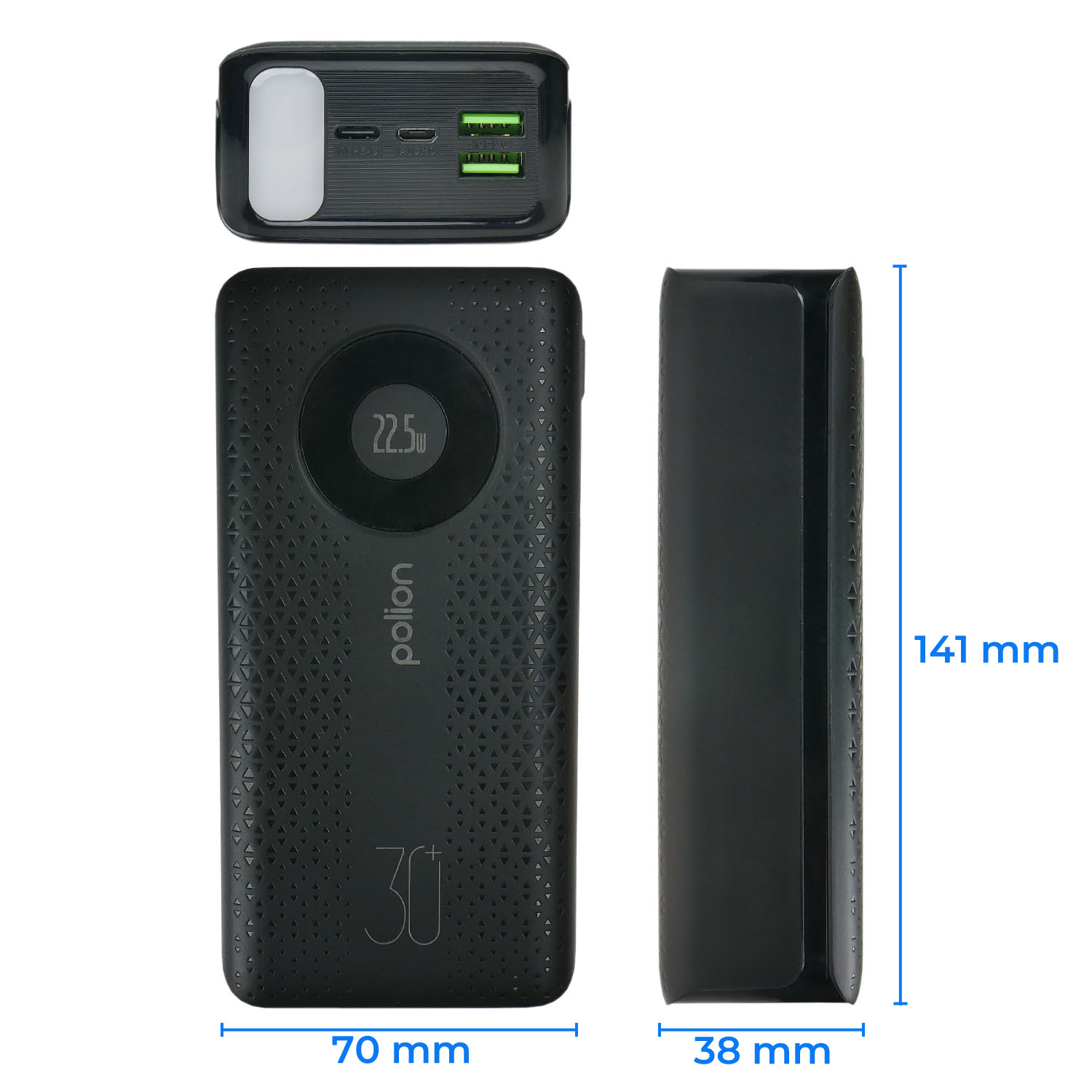 Czarny power bank z portami USB i światłem. Wymiary to 141 mm x 70 mm x 38 mm. Posiada wyświetlacz 22,5W i markę 'polion'.