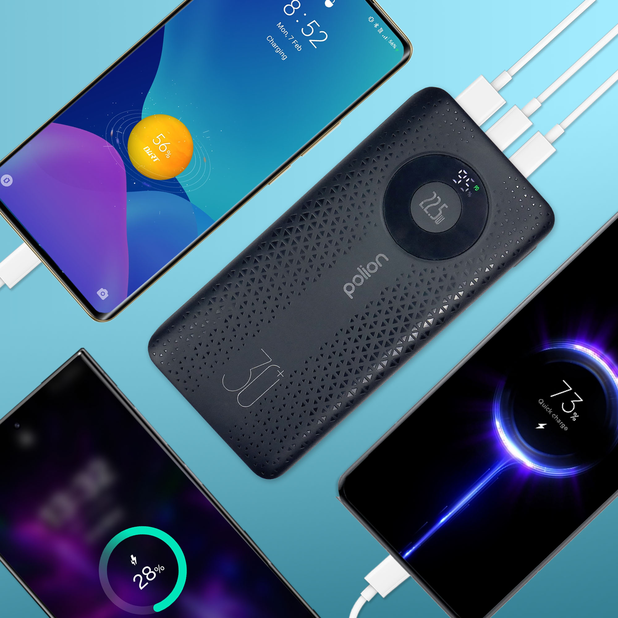 Trzy smartfony i power bank ładujące się. Telefony pokazują procenty baterii. Niebieskie tło.