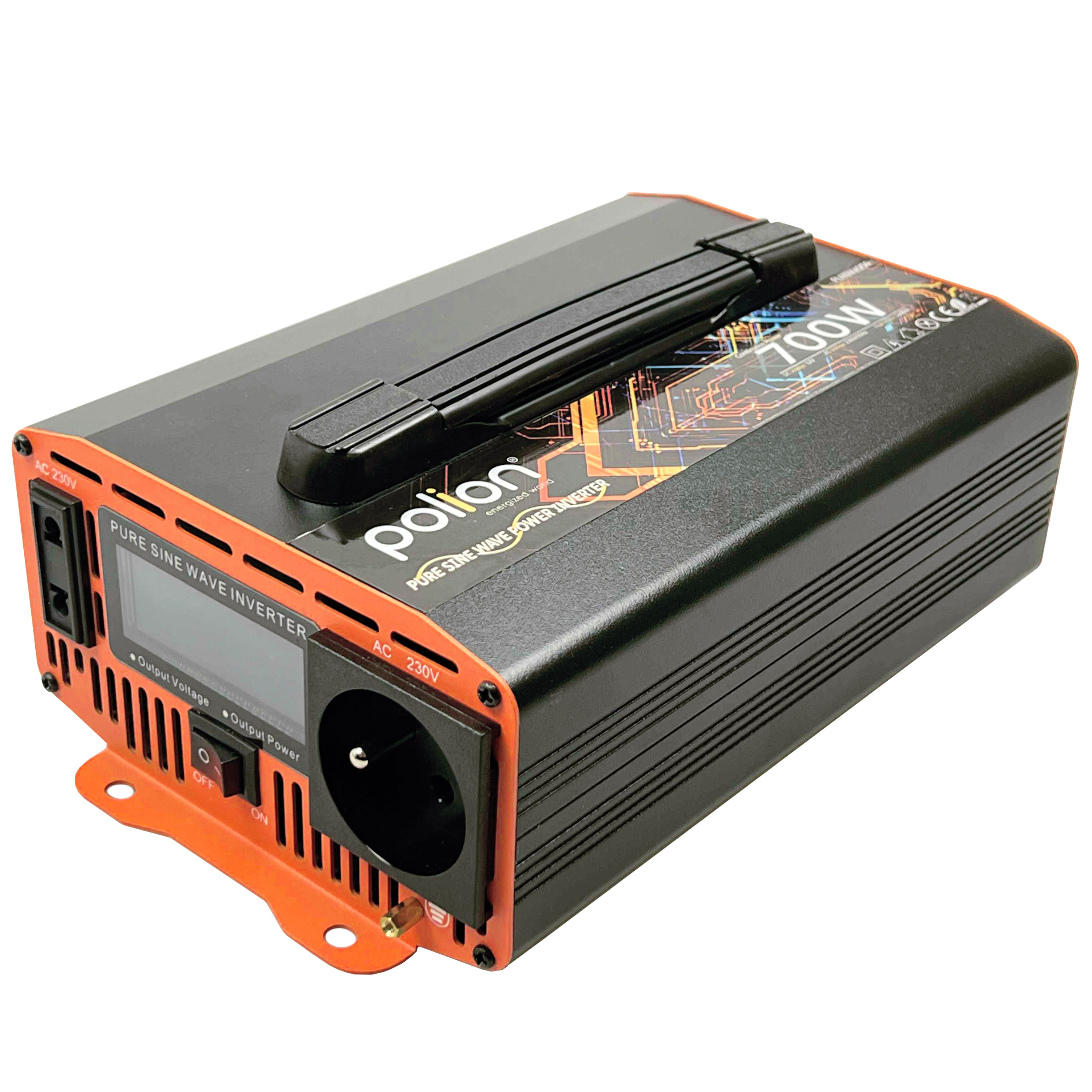 Czarno-pomarańczowy falownik z uchwytem, oznaczony jako 'Pure Sine Wave Power Inverter' i '700W'.
