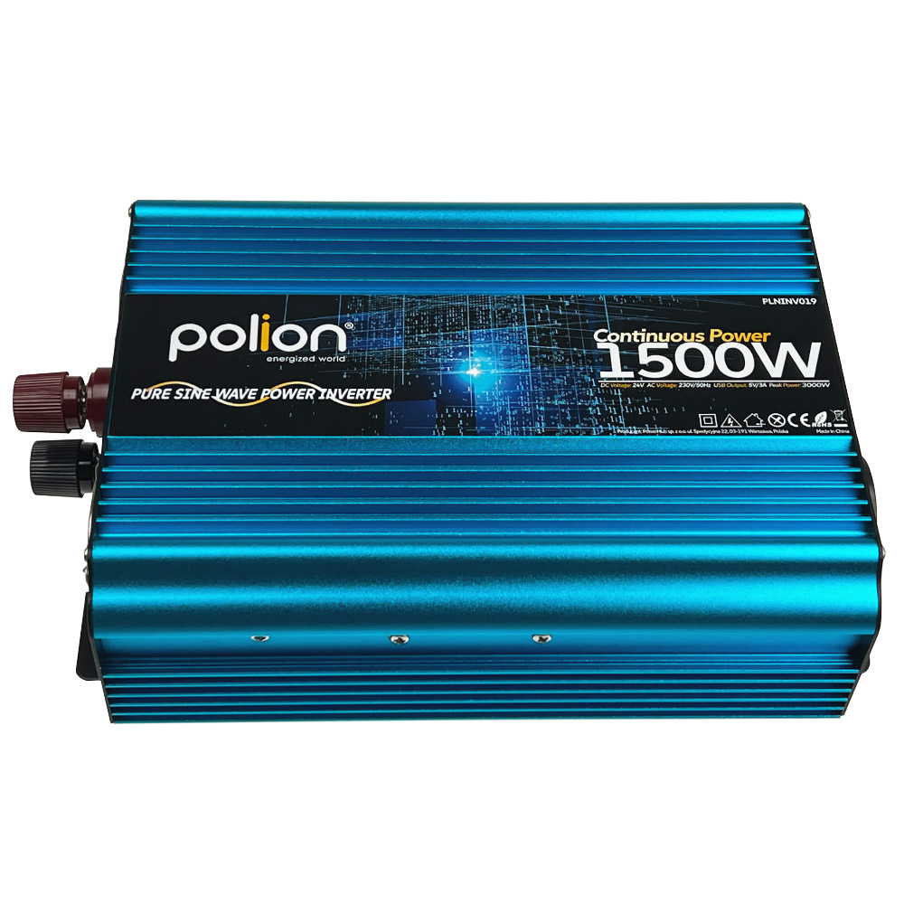 Niebieski falownik 'polion'. Zawiera tekst 'Pure Sine Wave Power Inverter' i 'Continuous Power 1500W'.