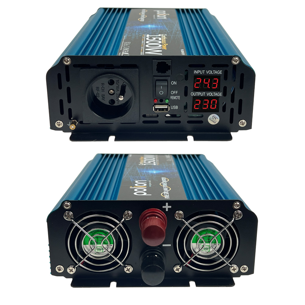 Niebiesko-czarny falownik z wyświetlaczami cyfrowymi, portami wejścia/wyjścia i wentylatorami. Wyświetla odczyty napięcia.