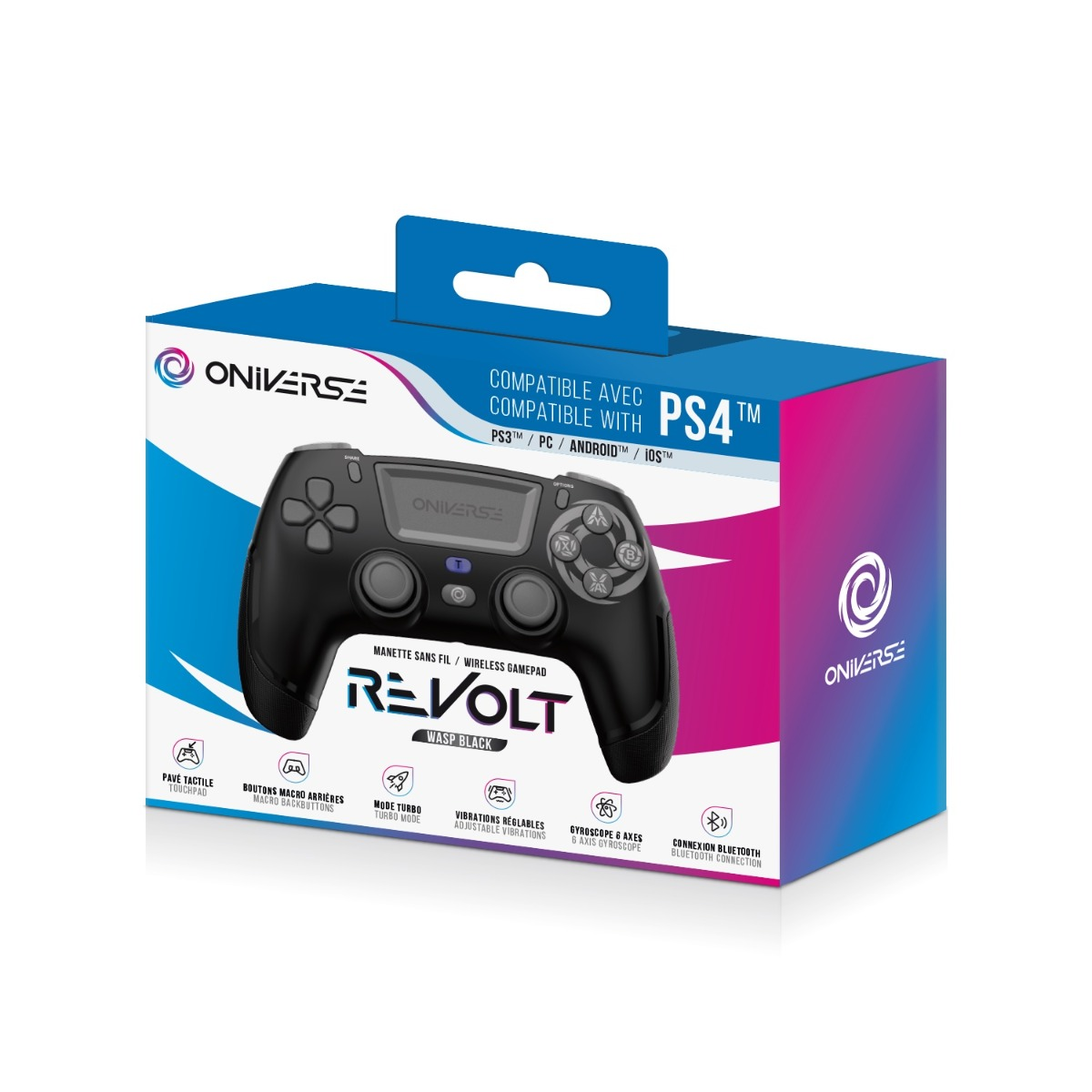Czarny gamepad ONIVERSE Revolt na pudełku. Kompatybilny z PS4, PS3, PC, Android i iOS. Posiada panel dotykowy i tryb turbo.