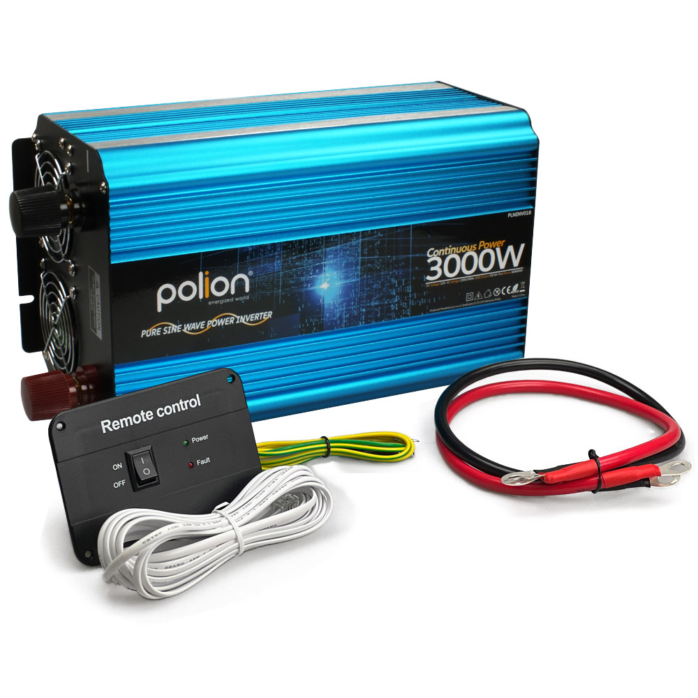 Niebieski falownik z pilotem, kablami oraz czarno-czerwonym kablem. Falownik jest oznaczony 'polion'.