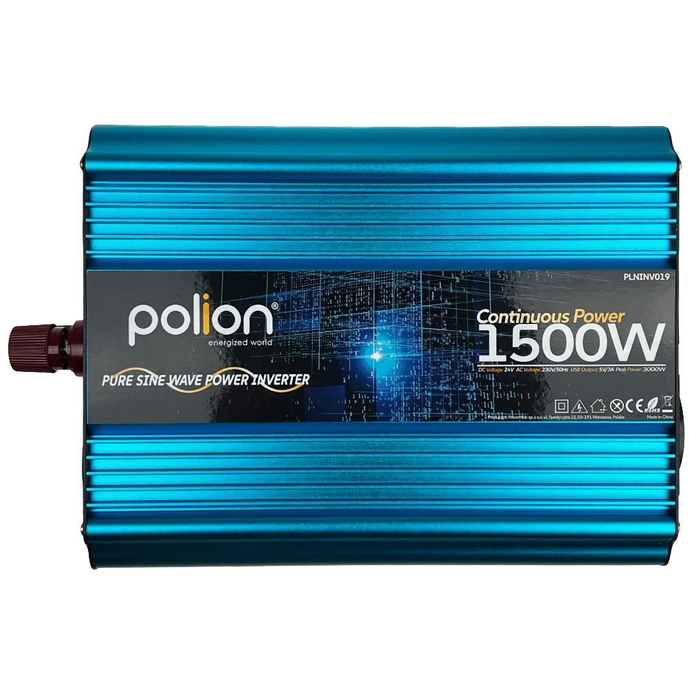 Niebieski falownik z marką 'polion' i specyfikacjami: 1500W mocy ciągłej. Ma czerwone pokrętło i czarną etykietę.