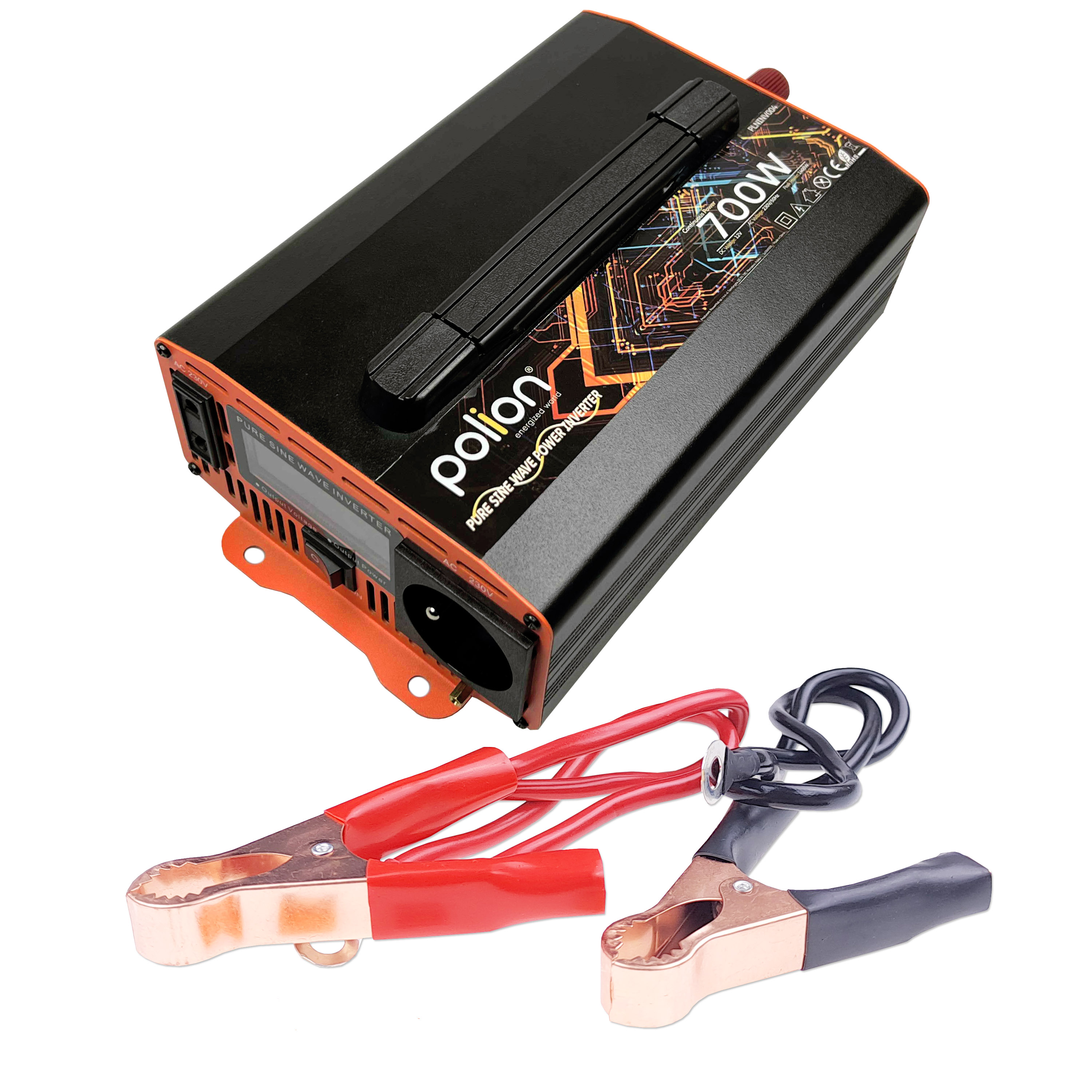 Pomarańczowo-czarny falownik z zaciskami na białym tle. Ma markę 'pollon'.