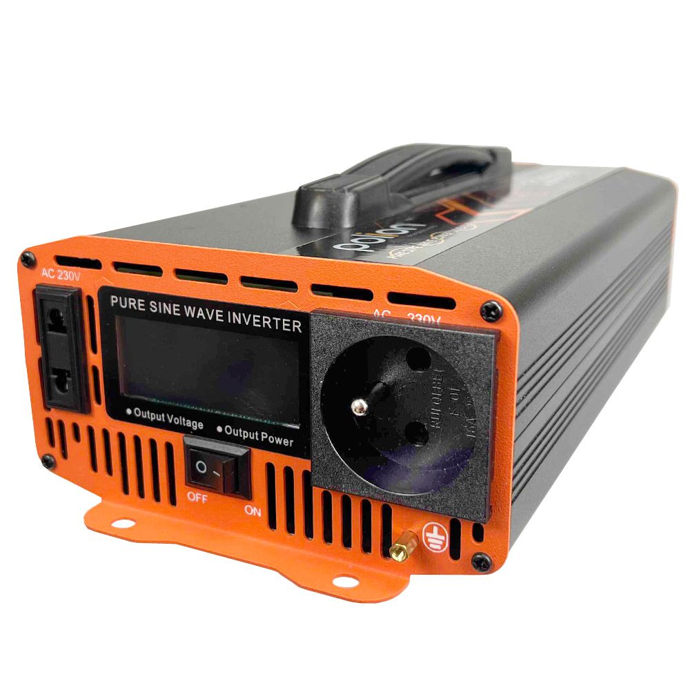 Pomarańczowy i czarny falownik czysto sinusoidalny. Posiada wyświetlacz cyfrowy, gniazda zasilania i włącznik/wyłącznik.