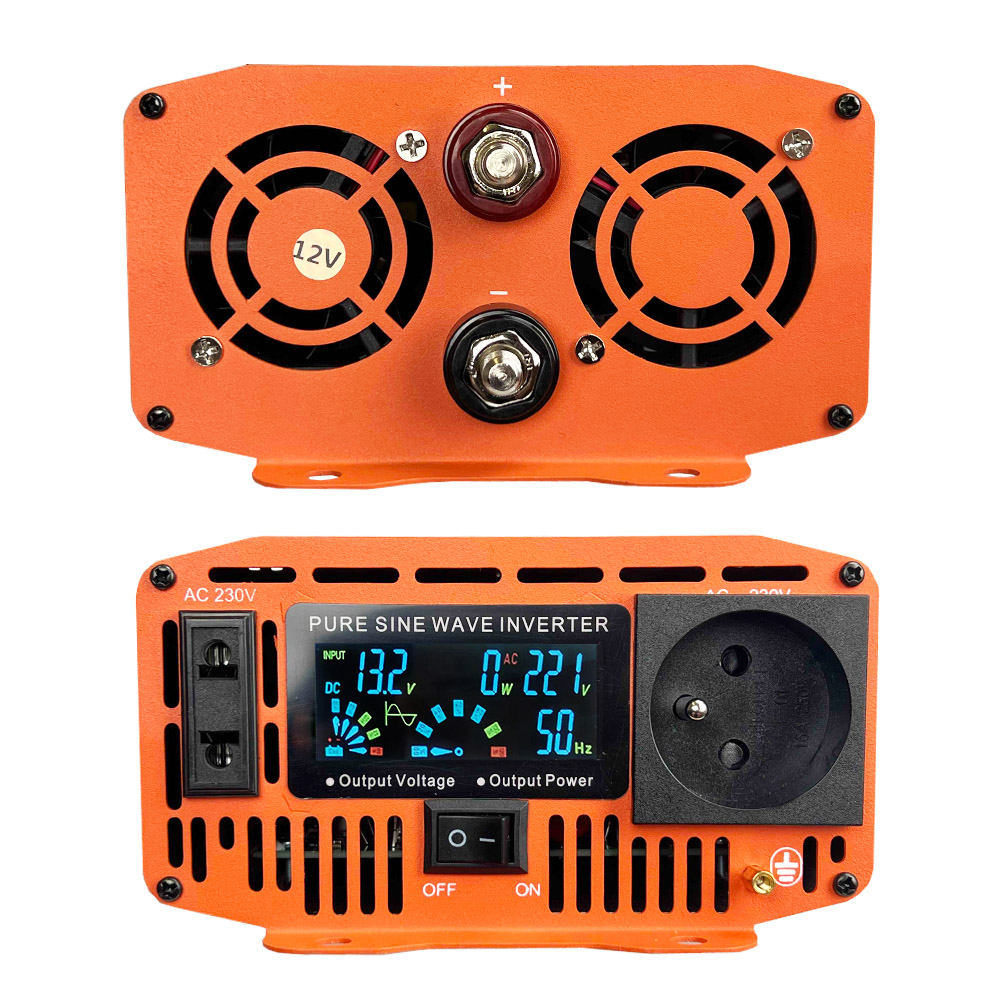 Pomarańczowy falownik czysto sinusoidalny. Ma wyświetlacz pokazujący napięcie i moc, z gniazdem i przełącznikiem on/off.