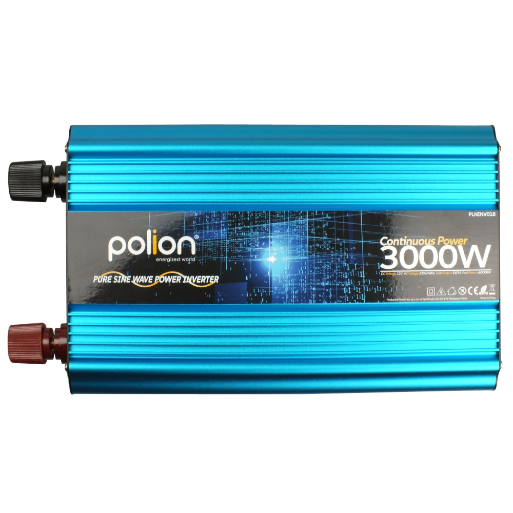 Niebieski inwerter z czarnymi i brązowymi zaciskami, z napisem 'polion' i '3000W Continuous Power'.
