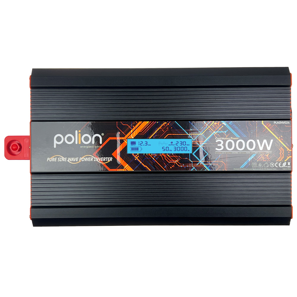 Czarny falownik z cyfrowym wyświetlaczem pokazującym napięcie i moc. Marka to 'polion'.