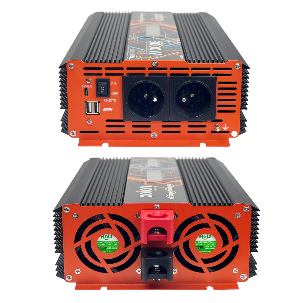 Dwa inwertery, pomarańczowy i czarny. U góry: gniazda, przełącznik, porty USB. Na dole: wentylatory i zaciski.