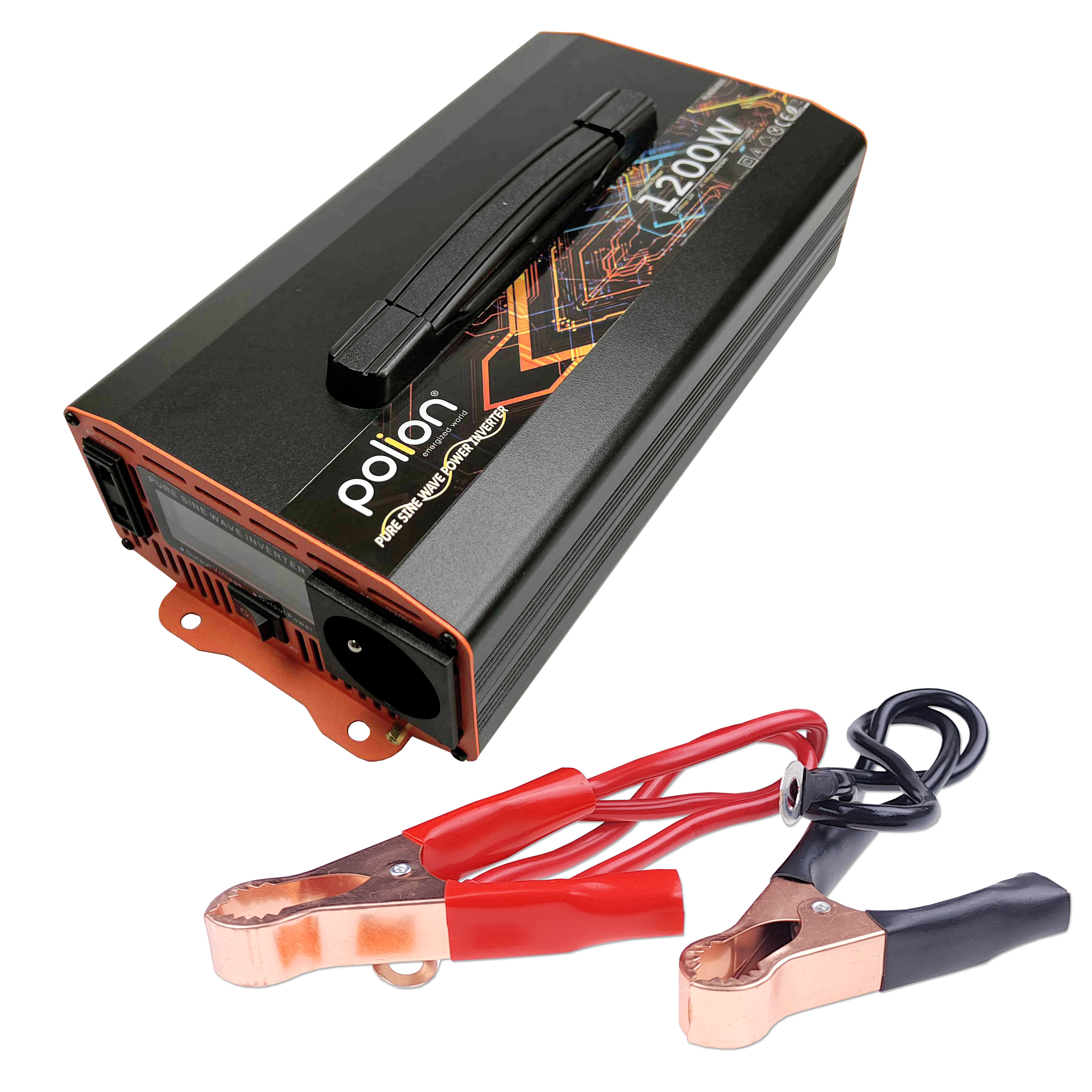 Czarny falownik z uchwytem, pomarańczowymi akcentami i kablami rozruchowymi. Czerwone i czarne zaciski poniżej. Białe tło.