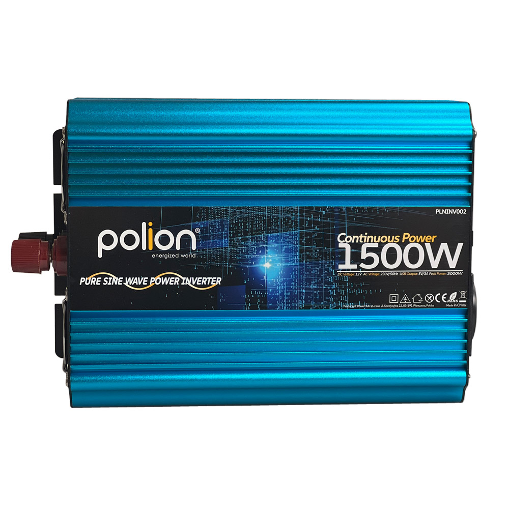 Niebieski falownik Polion. Wyświetla '1500W'. Falownik posiada zaciski i szczegóły produktu.
