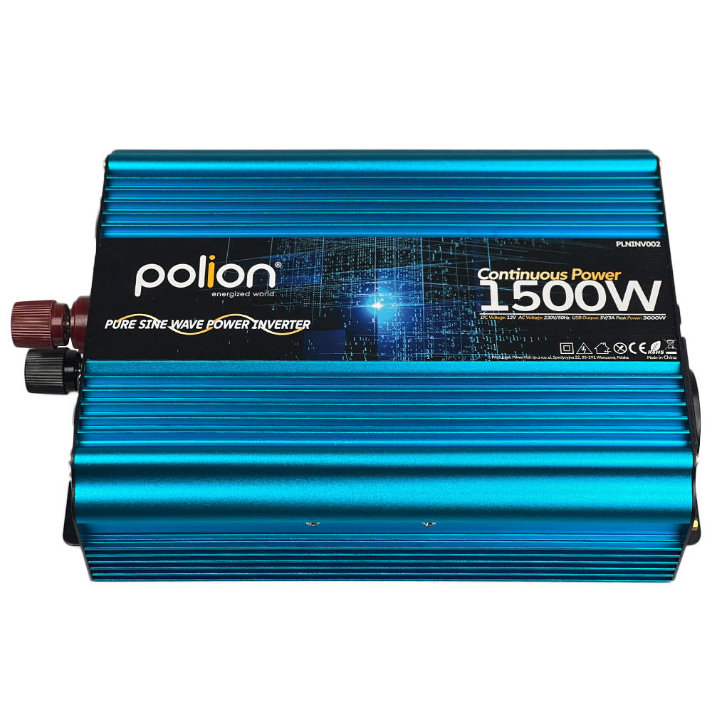 Niebieski falownik z czarnymi i czerwonymi zaciskami. Ma markę 'polion' i określa moc ciągłą 1500W.