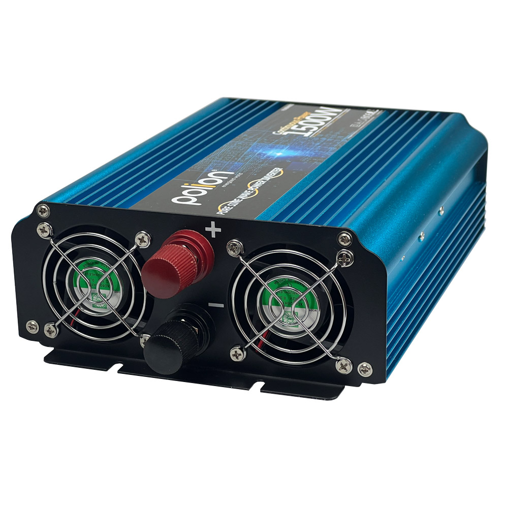 Niebieski falownik z dwoma wentylatorami, czerwonymi i czarnymi zaciskami oraz czarnym panelem przednim. Górna część ma żeberka chłodzące.