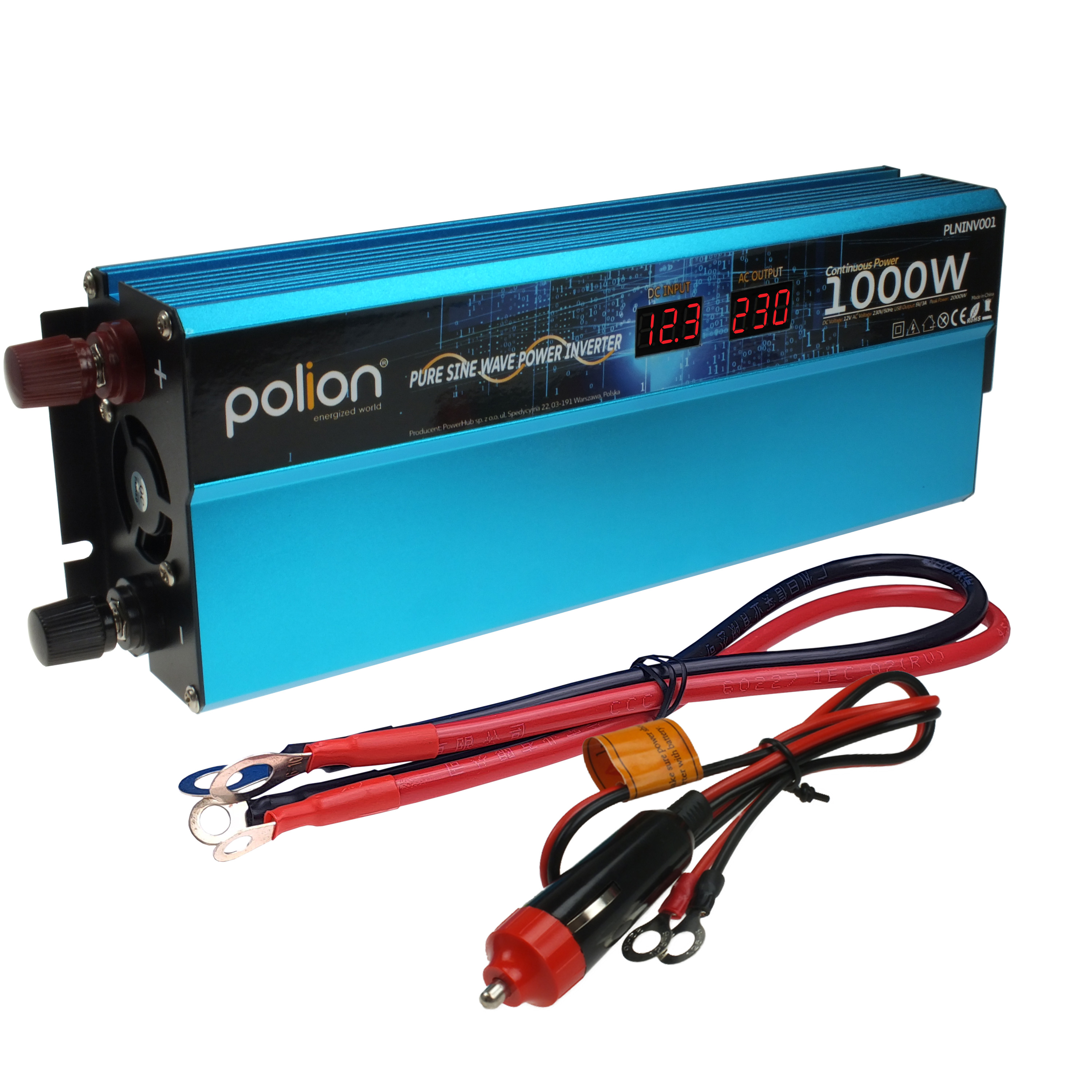 Niebieski falownik z wyświetlaczem cyfrowym pokazującym 12,3 V i 230 V oraz czerwone i czarne kable.