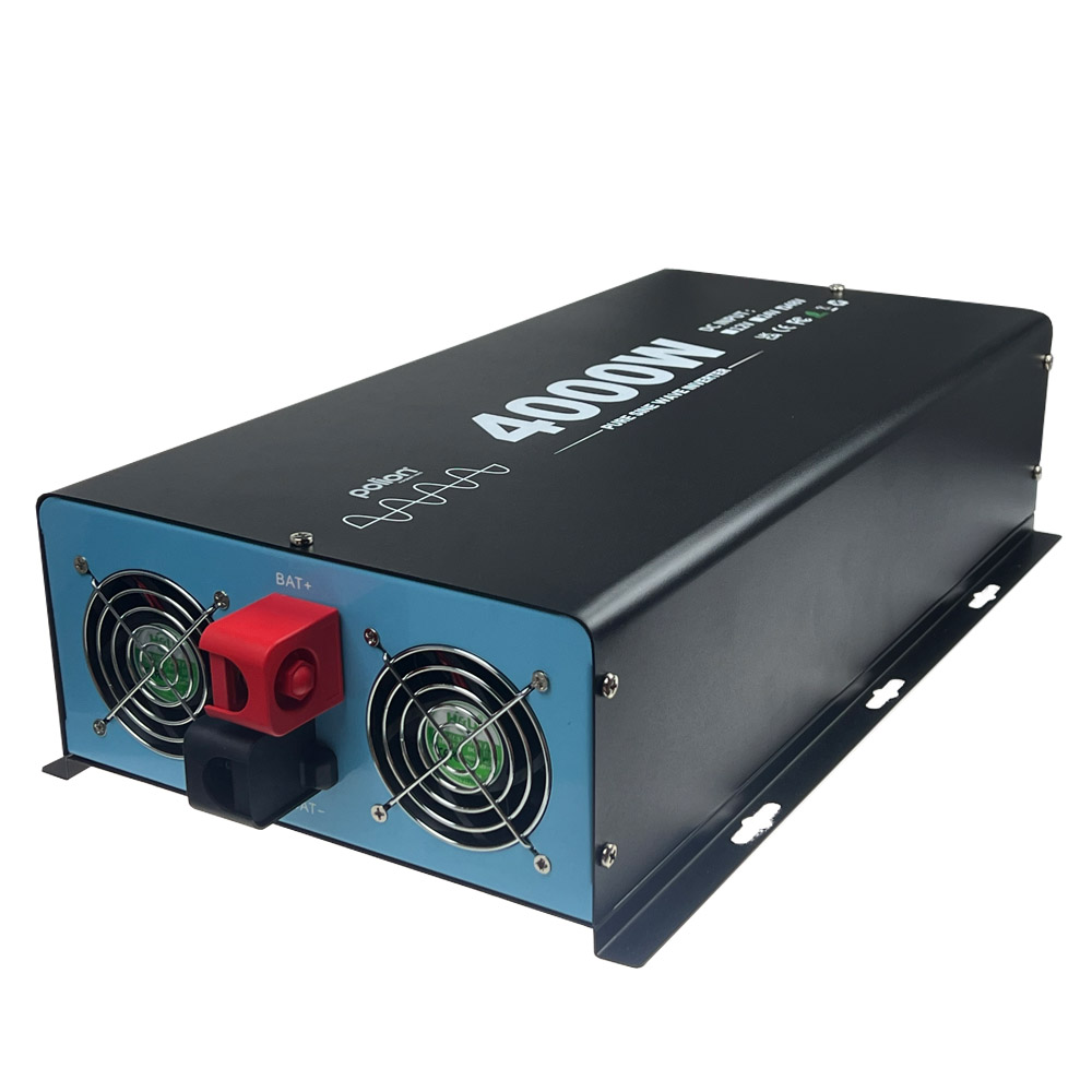 Czarno-niebieski falownik o mocy 4000W. Posiada dwa wentylatory, czerwony zacisk i widoczną markę 'polari'.