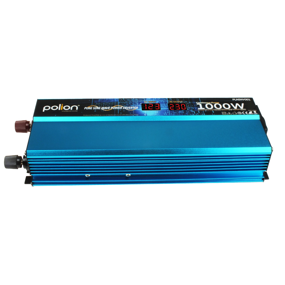 Niebieski falownik sinusoidalny Polion. Wyświetla napięcie i wyjście. Ma zaciski połączeniowe i wyjście 1000W.