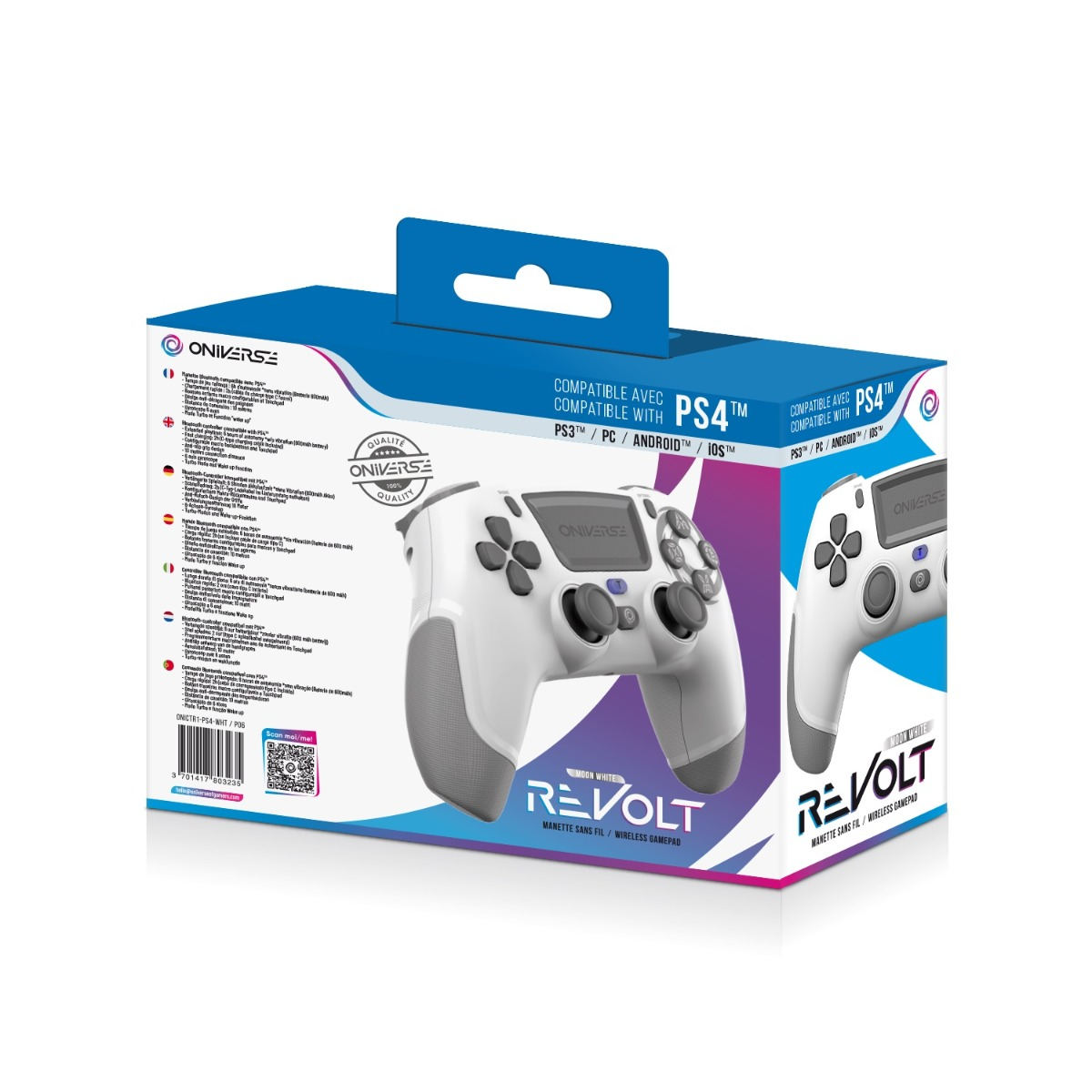 Biało-szary kontroler PS4 w pudełku. Na pudełku napis REVOLT, kompatybilny z PS4, PS3, PC, Android i iOS.