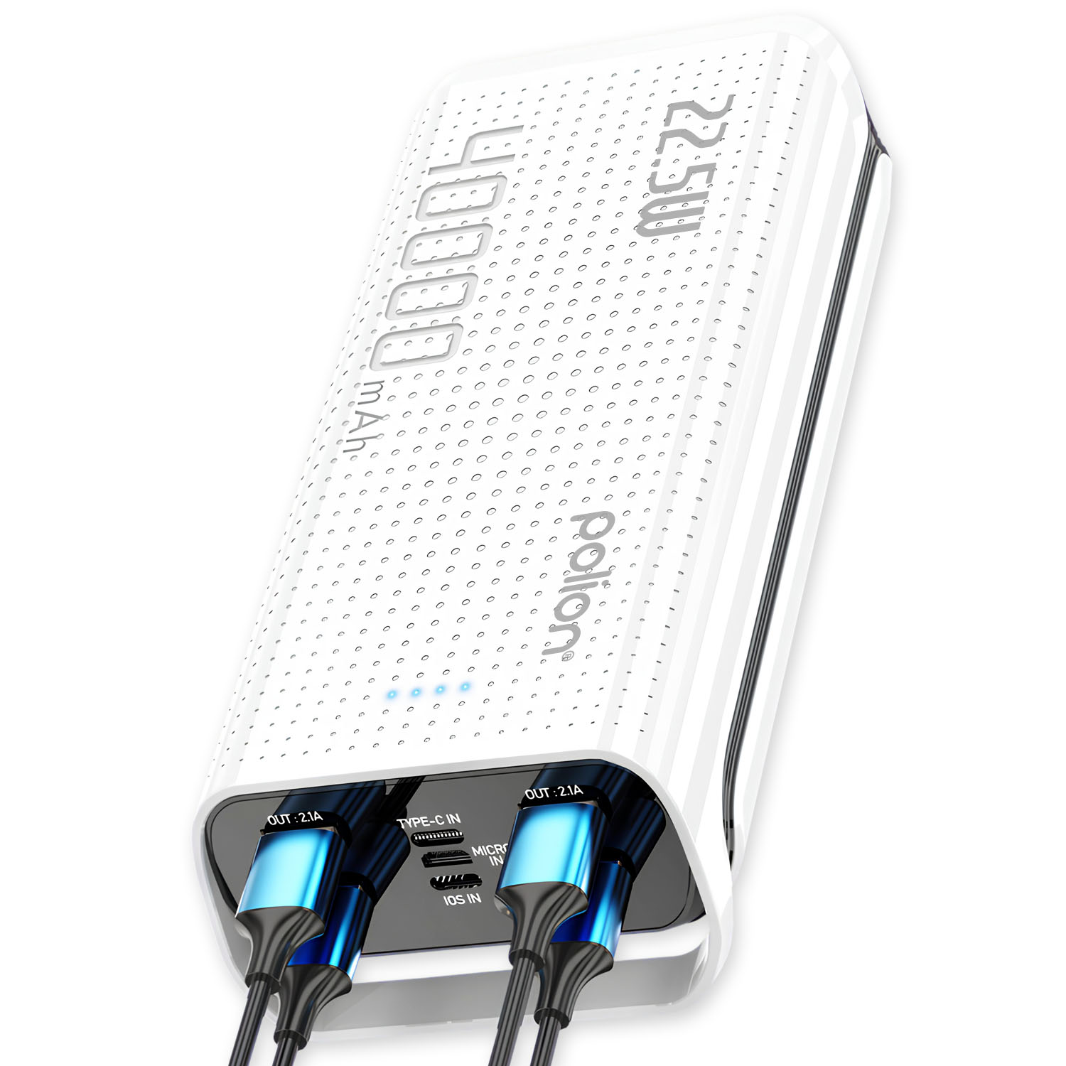 Biały power bank z dwoma wpiętymi kablami. Posiada tekst wskazujący jego pojemność i wyjście.